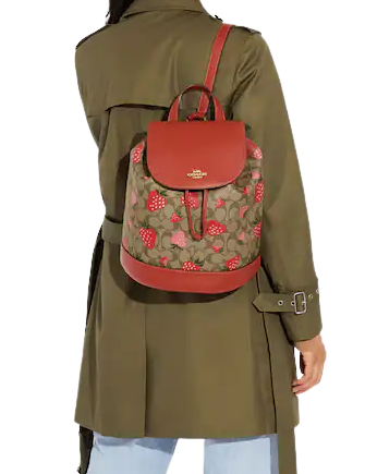 Coach Dempsey Drawstring Backpack - Signature Canvas with Wild Strawberry Print - Stylish & Durable Backpack for Women, Perfect for School, Travel & Everyday Use
