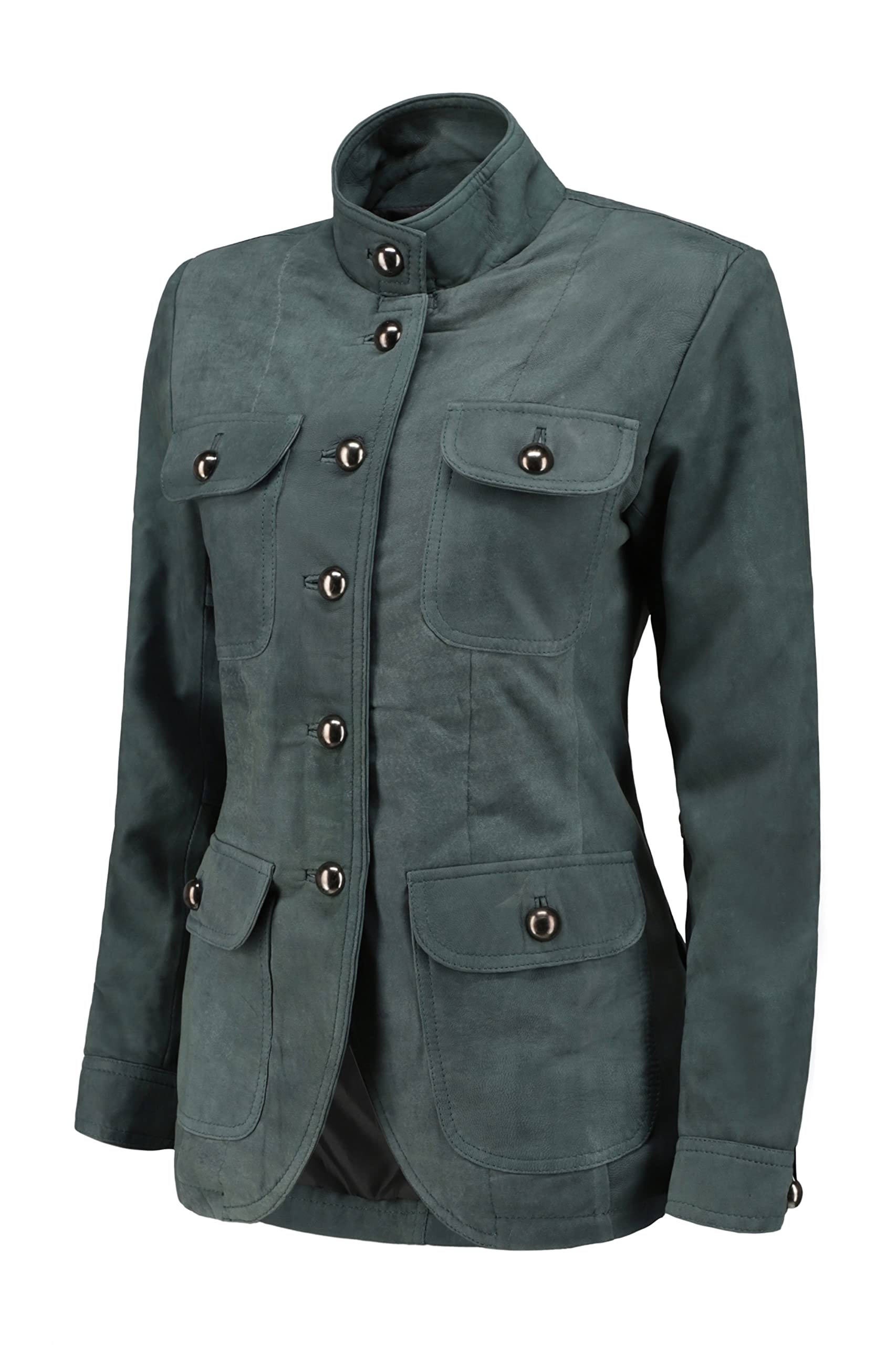 Vintage Suede Look Women's Leather Blazer Jacket with 5 Buttons, 4 Pockets & Double Back Slit - Elegant Cuff Sleeves for Office, Dinner & Special Occasions