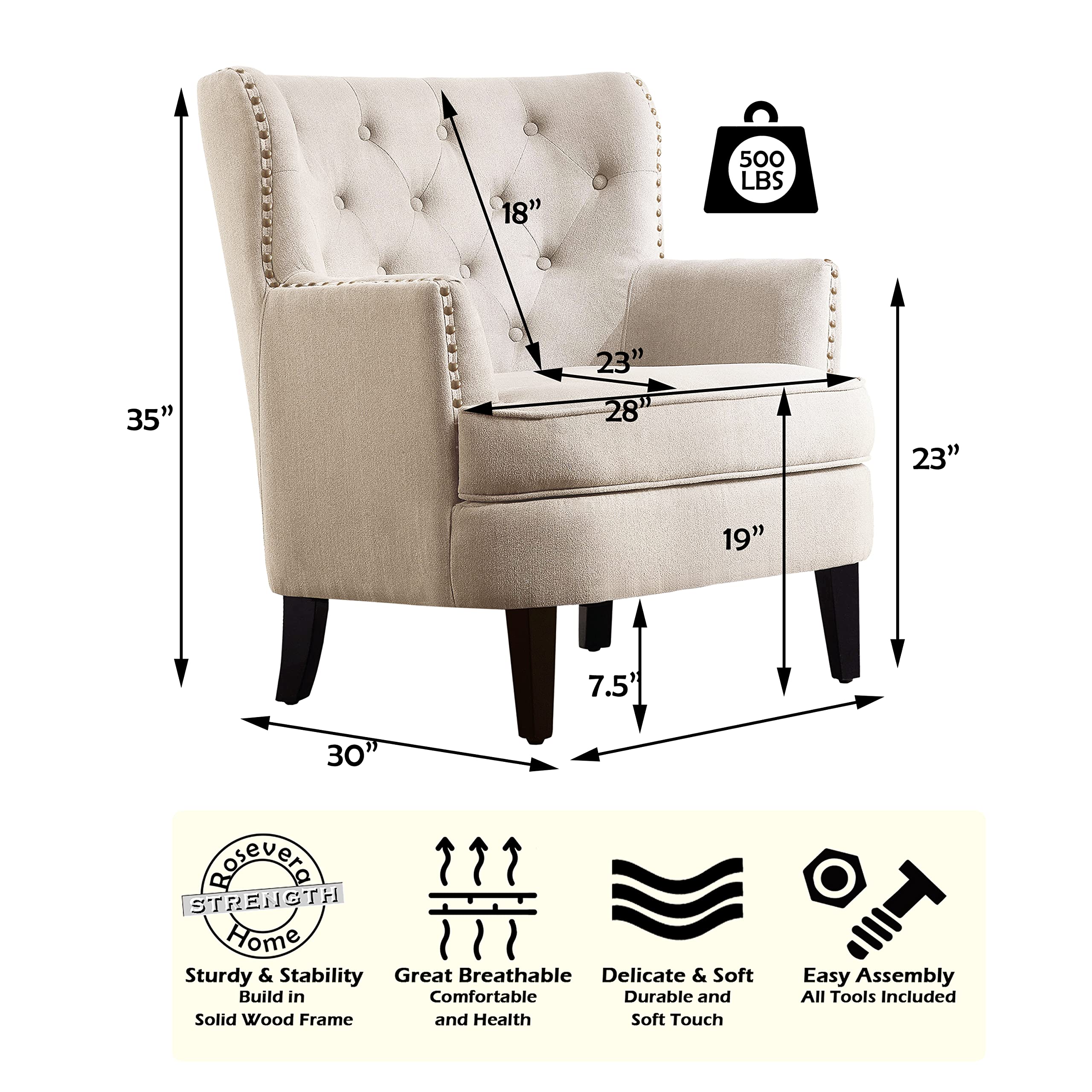 Rosevara Atlas Mid-Century Modern Accent Chair - Upholstered Lounge Armchair with Soft Cushion, Tufted Design for Living Room & Bedroom - Cozy Small Space Seating for Apartments, Reading Nooks & Home Offices