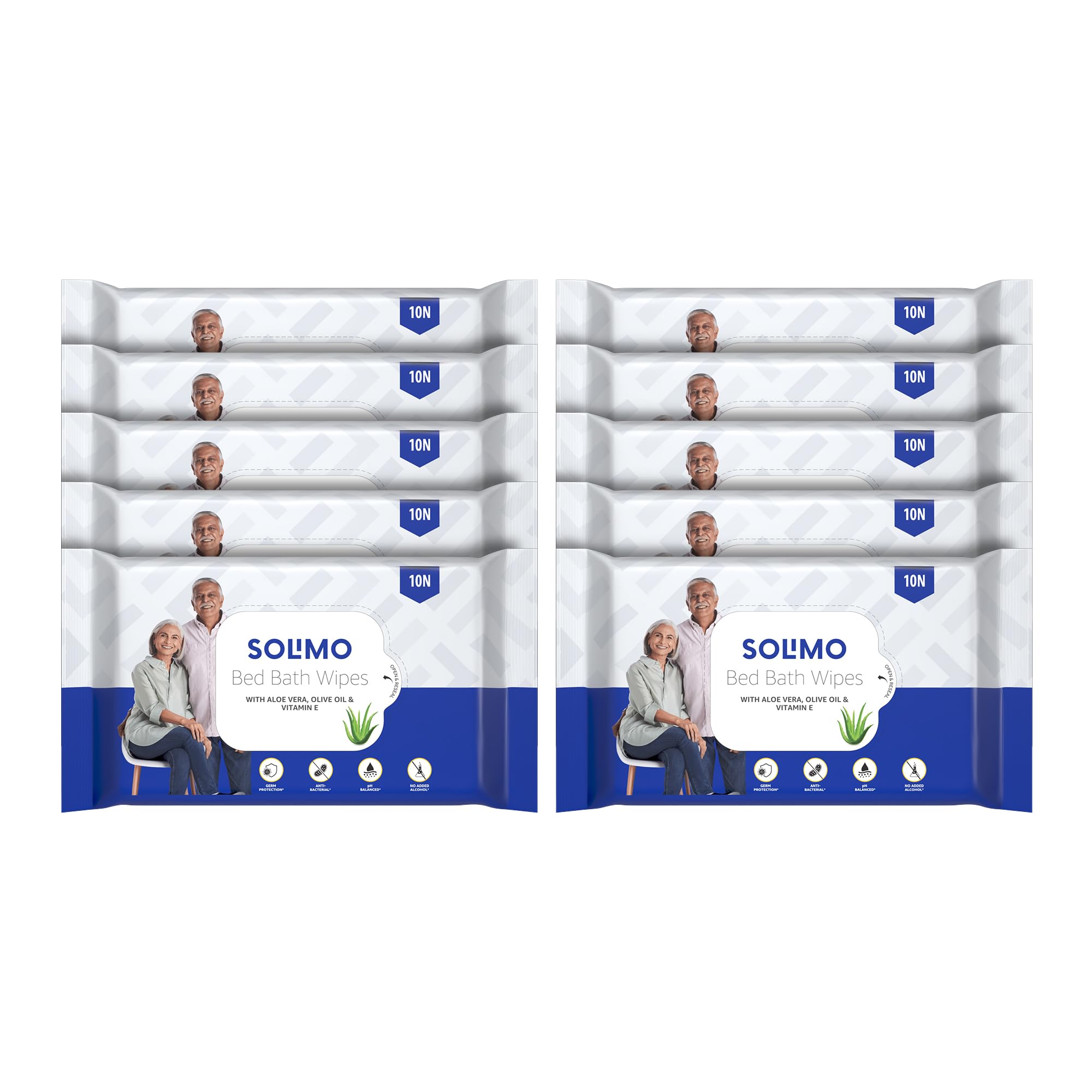Solimo Adult Bed Bath Wipes - 100 Count (10 Packs x 10 Wipes) with Aloe Vera, Olive Oil & Vitamin E | Germ Protection, pH Balanced | Alcohol & Paraben Free | Ideal for Elderly Care, Post-Surgery Hygiene & Travel Convenience