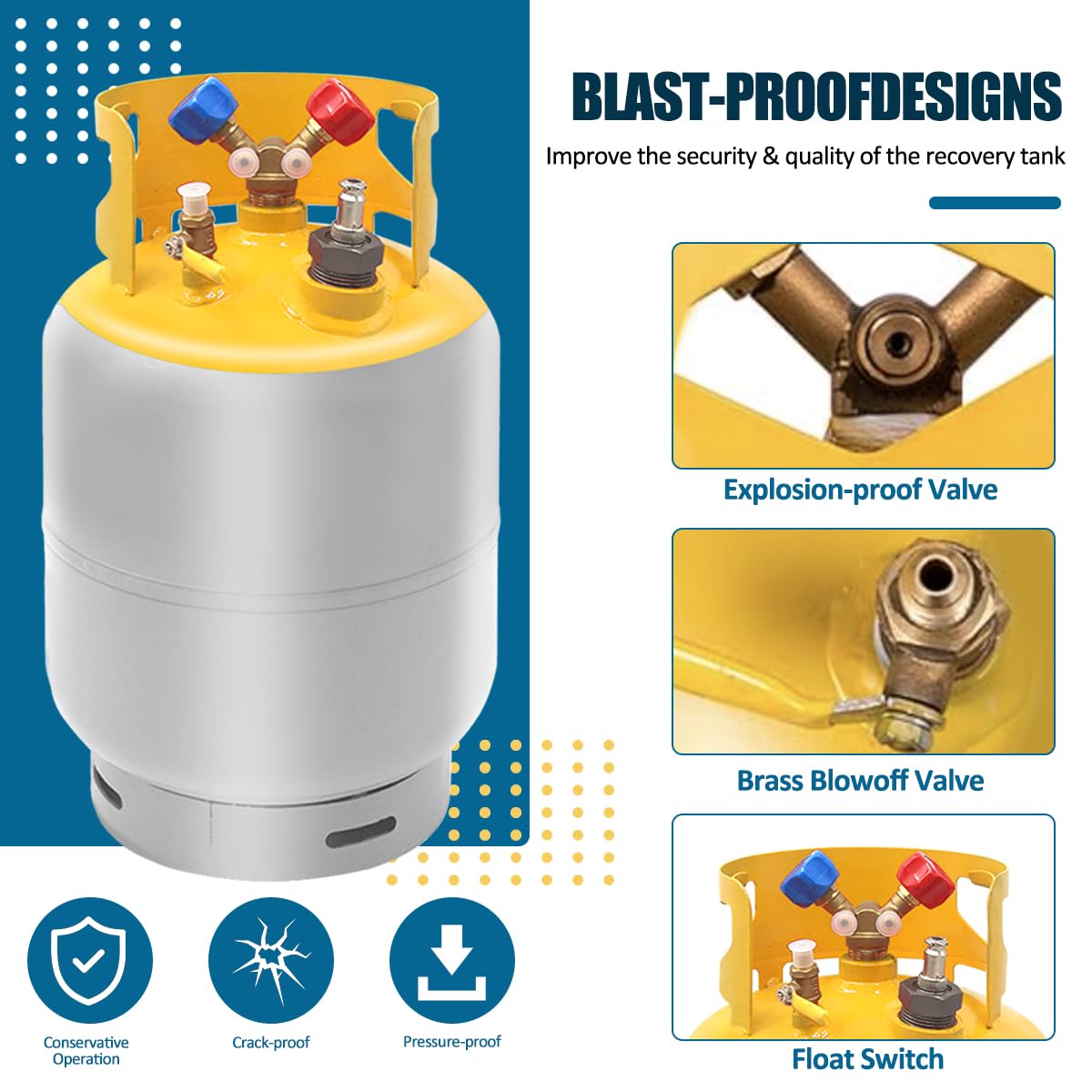 30lb Universal Refrigerant Recovery Tank with Float Switch - Heavy Duty Steel Cylinder for HVAC R22 R410A R134a - Reusable for All Refrigerants - Ideal for AC Repair & Maintenance Professionals