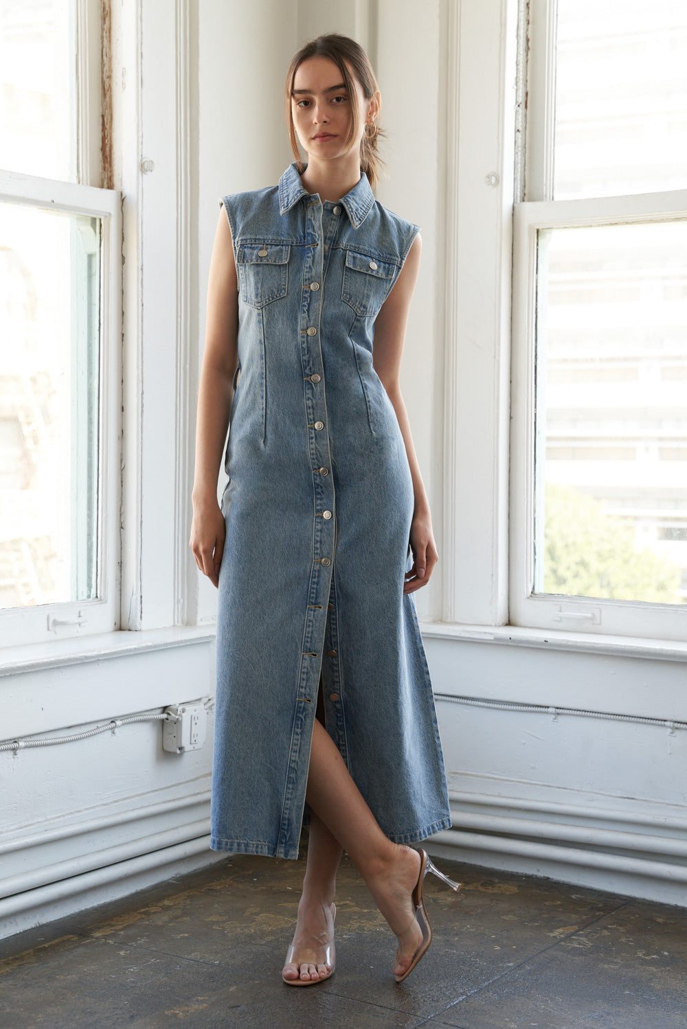 JUST FOLLOW ME Women's Denim Midi Dress - Stylish Casual & Party Wear for Everyday Outfits