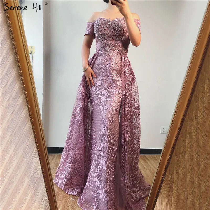Elegant Pink Mermaid Evening Dress with Floral Lace & Crystal Details - Off Shoulder Short Sleeve Gown for Parties, Weddings & Special Occasions - Serene Hill LA70200