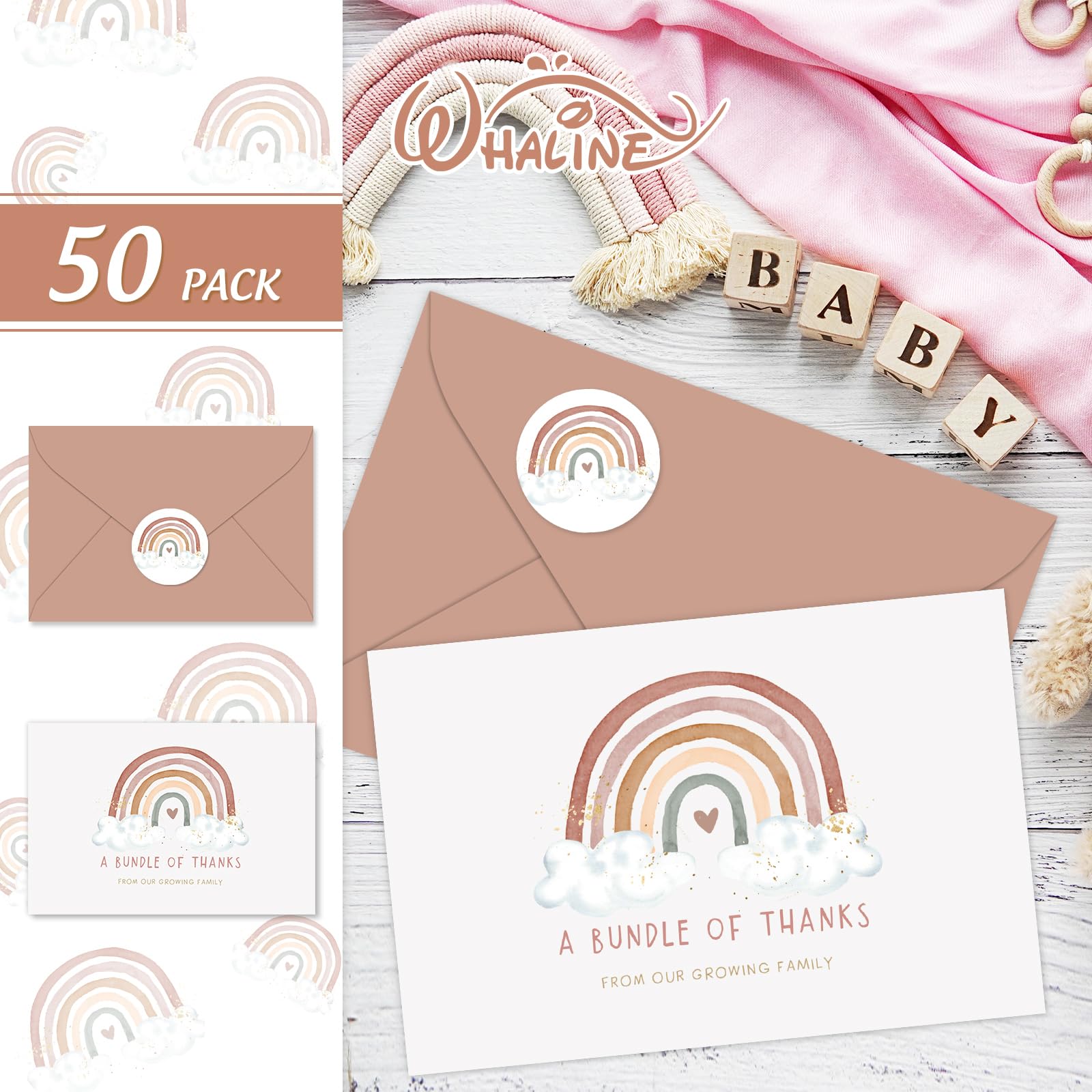 50 Pack Whaline Boho Rainbow Baby Shower Thank You Cards with Envelopes & Stickers - Blank Note Cards for Newborn Celebrations, Gender Reveal Parties & Baptism Events