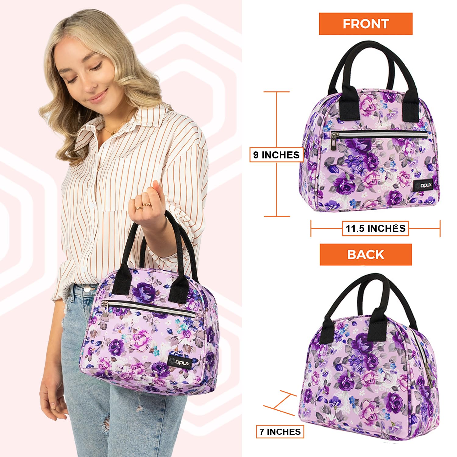 Opux Insulated Lunch Box for Women & Girls - Cute Soft Thermal Lunch Bag for Work, School, Beach & Travel - Reusable Food Cooler Container for Kids, Teens & Adults - Floral Purple Meal Prep Organizer - Perfect for Office, Picnics & Outdoor Activities