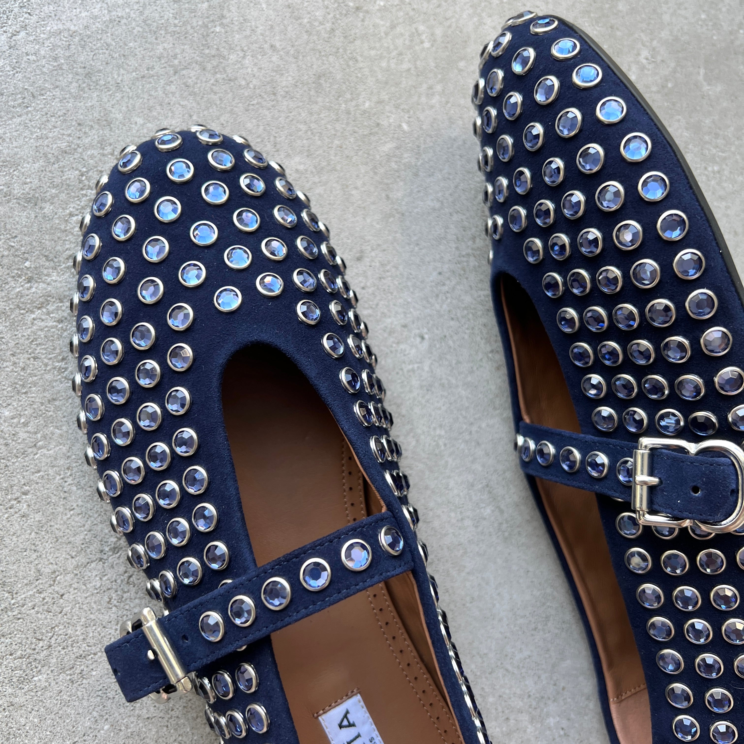 Blue Suede Ballet Flats with Rhinestones - Comfortable Women's Shoes for Work, Party & Everyday Wear