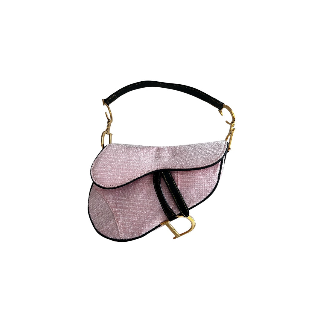Vintage Dior Baby Pink Velvet Sequin Saddle Bag - Luxury Crossbody Purse for Women, Perfect for Parties, Weddings & Evening Events