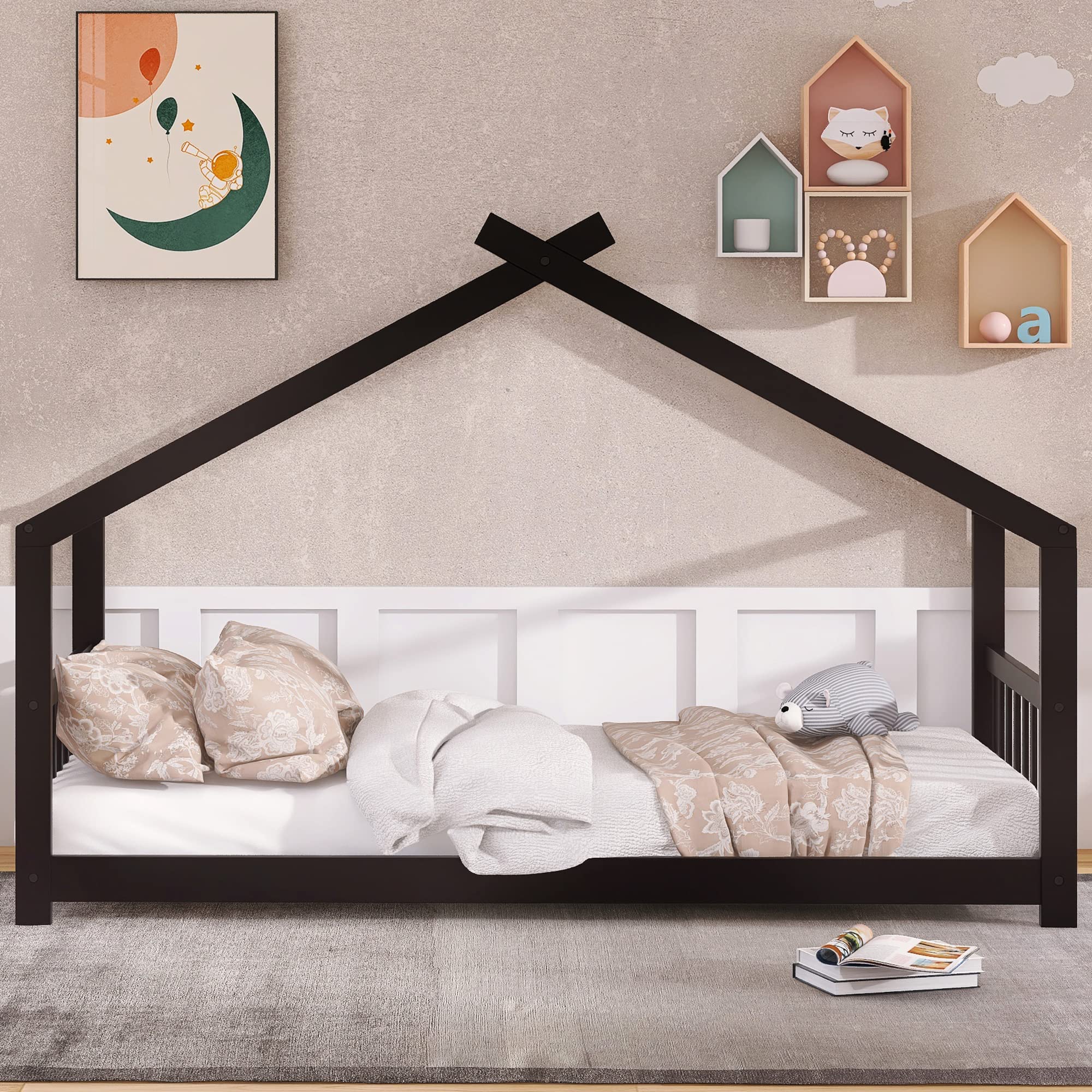 P PURLOVE Twin House Bed Frame for Kids - Wooden Bed with Roof Design for Girls & Boys, No Box Spring Needed with Sturdy Wood Slat Support (Espresso Finish) - Perfect for Kids' Bedrooms, Playrooms & Cozy Reading Nooks