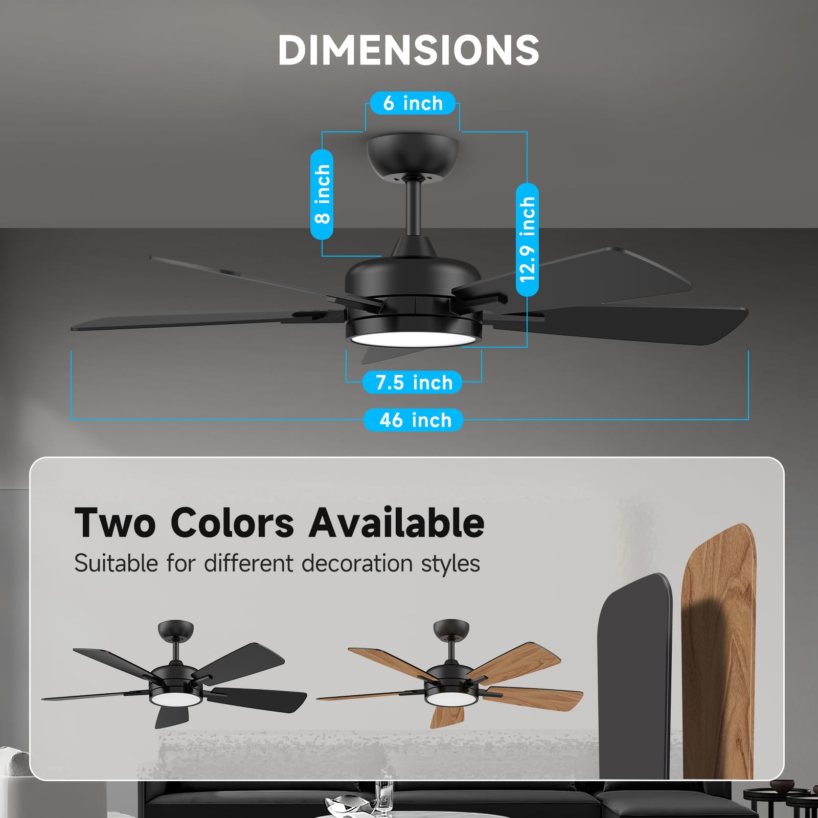46 Inch Ceiling Fan with Lights and Remote Control - Ultra Quiet Reversible DC Motor, Dimmable LED Backlight, High Airflow for Large Rooms - Perfect for Living Room, Bedroom, and Office (Black)