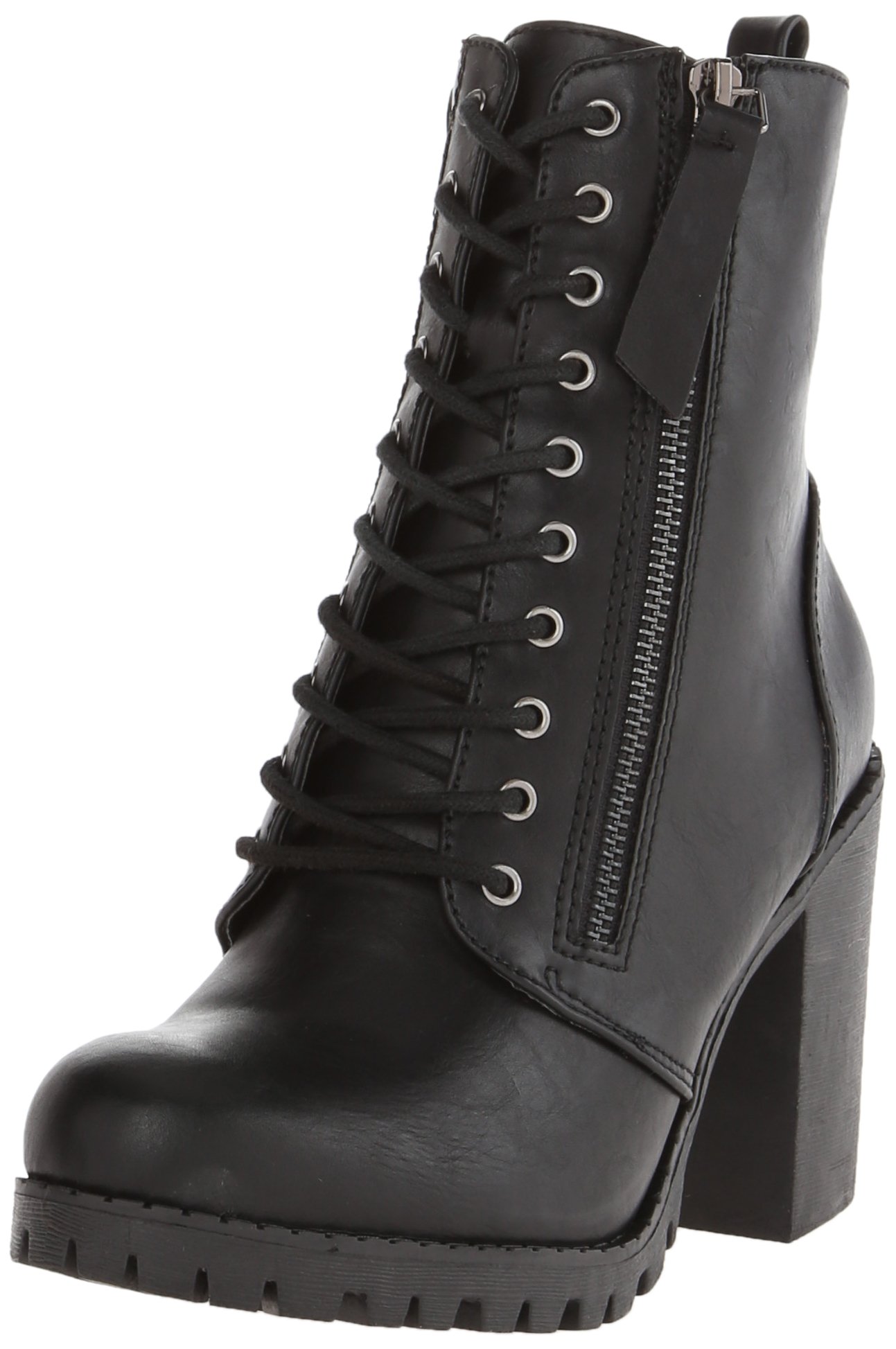 Soda Malia Women's Round Toe Stacked Lug Heel Lace Up Ankle Boots - Chunky Heel Booties for Fall Winter Fashion, Casual Outfits & Street Style