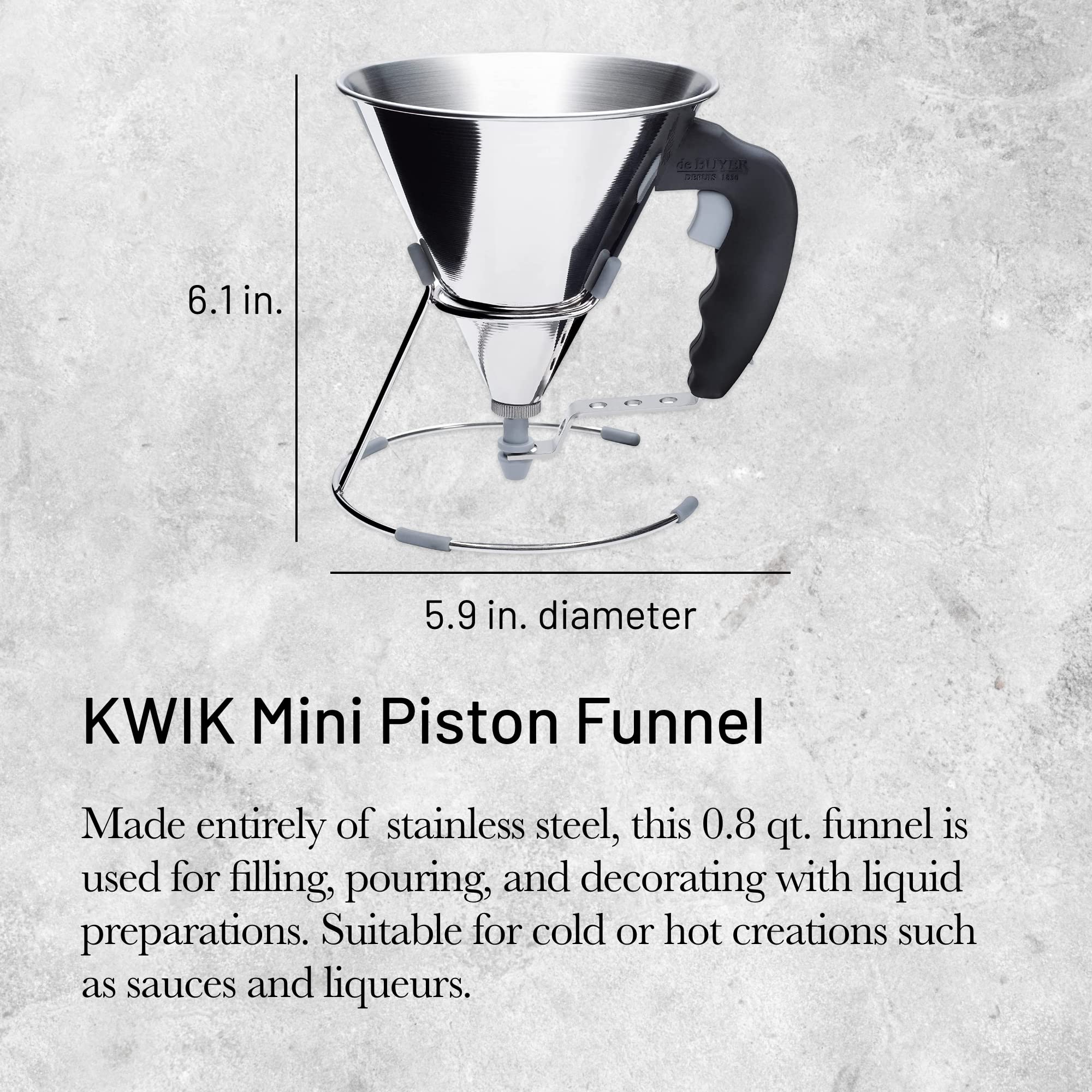 de Buyer KWIK Mini Piston Funnel - 0.8 qt Stainless Steel Kitchen Funnel for Batter, Syrup, Sauces & Oils - Leak-Proof Design - Dishwasher Safe - Made in France - Perfect for Baking, Pancake Batter & Salad Dressings
