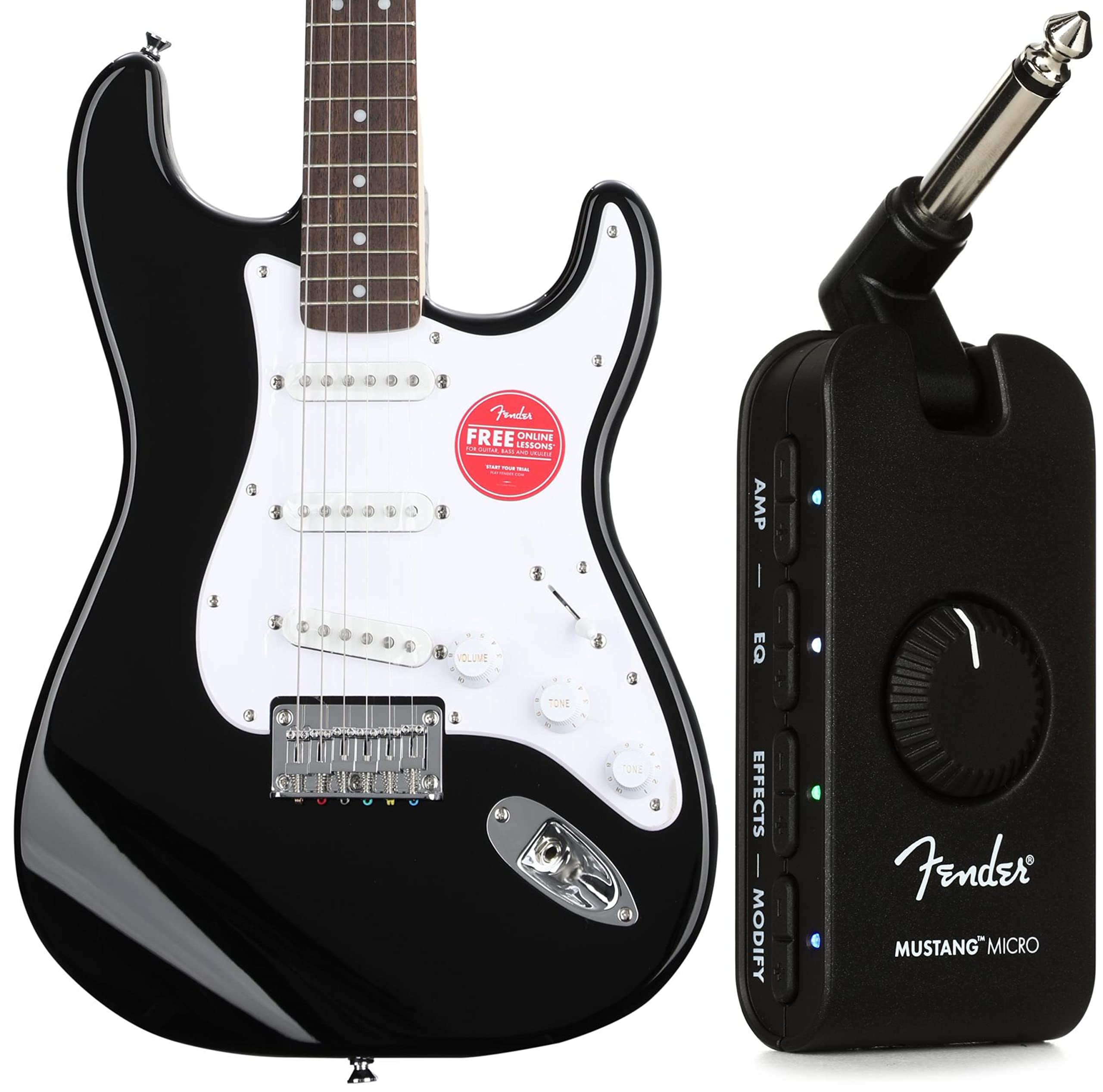 Squier Bullet Strat HT Electric Guitar - Black with Indian Laurel Fingerboard & Mustang Micro Headphone Amp Bundle for Home Practice & Recording