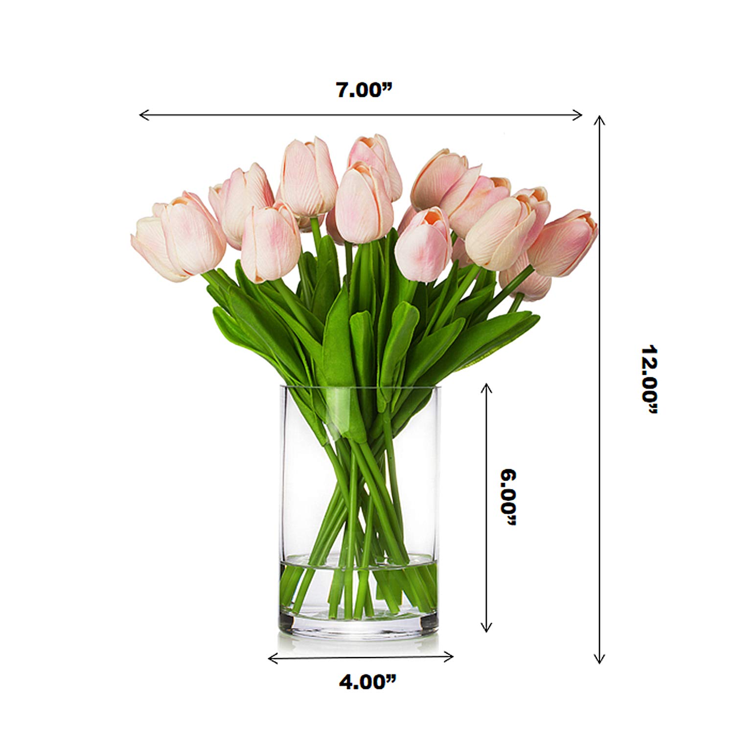 ENOVA HOME 20-Piece Real Touch Artificial Tulip Flowers in Glass Vase with Faux Water - Pink Silk Tulips Bouquet for Home Decor, Wedding Centerpieces & Office Desk Arrangement