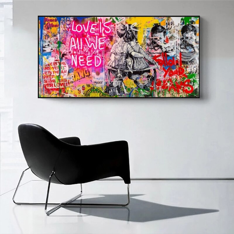 Banksy Love Is All We Need Canvas Wall Art Print - Street Art Home Decor for Living Room, Bedroom & Office