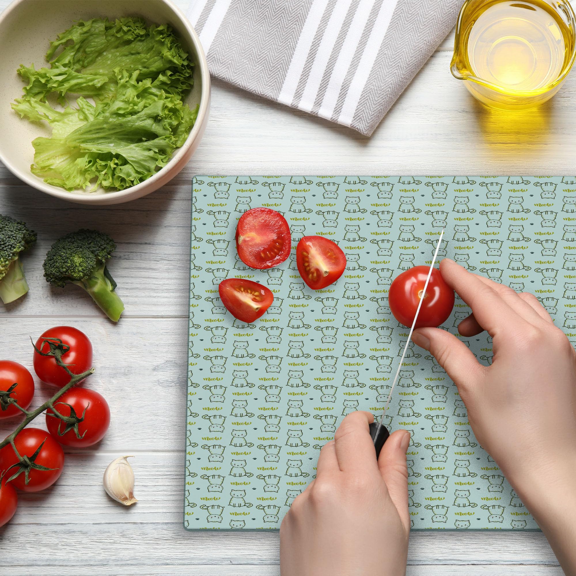 Ambesonne Cat Themed Tempered Glass Cutting Board - Decorative Serving Board with Cursive Meow & Upside Down Kittens Design - Large Size in Pale Earth Yellow, Dark Grey, White & Pale Pink - Perfect for Kitchen Prep, Charcuterie Display & Cat Lover Gifts