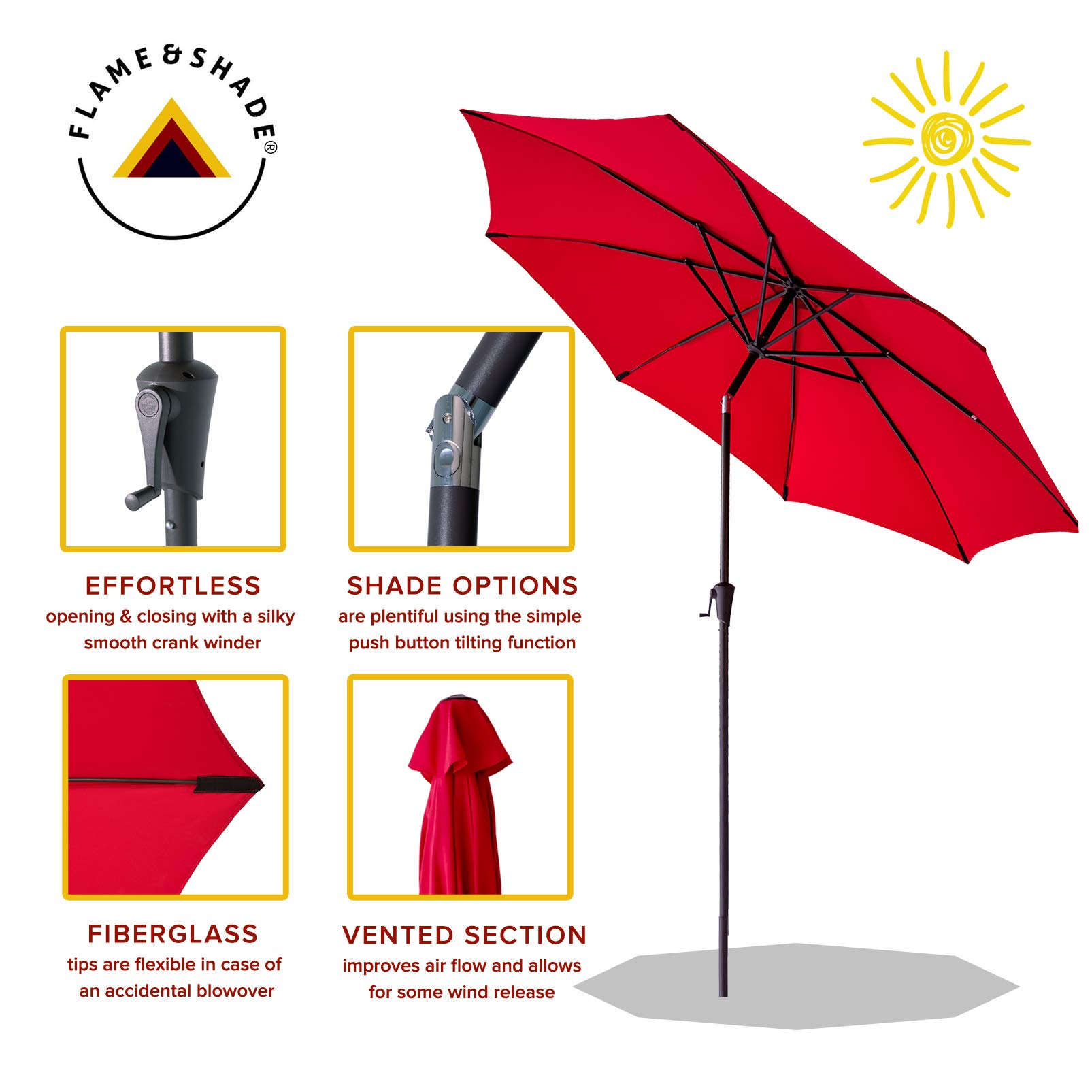 FLAME&SHADE 11 ft Outdoor Patio Umbrella with Fiberglass Ribs & Adjustable Tilt - Sun Shade for Backyard, Poolside, and Beach - Red