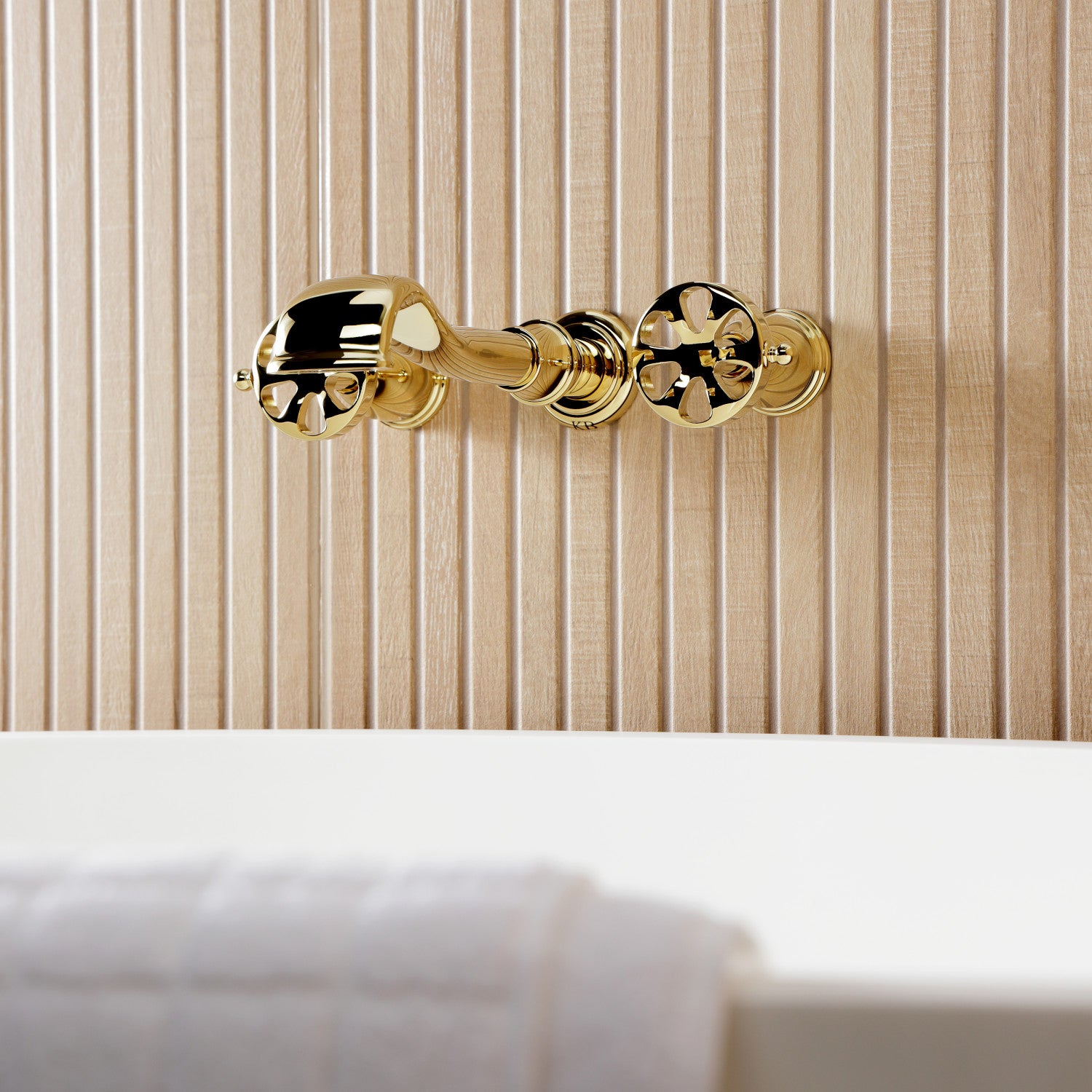 Belknap KS5022RX 3-Hole Wall Mount Roman Tub Faucet with Two Handles - Polished Brass Finish for Bathroom & Spa - Perfect for Freestanding Tubs, Luxury Bathrooms & Home Renovations