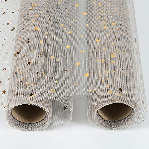 5 Yards Gold Star Moon Sequins Lace Gauze Mesh - DIY Craft Scrapbook Wedding Bouquet Wrapping Paper, Party Decorations for Wedding, Birthday, Baby Shower & Home Decoration