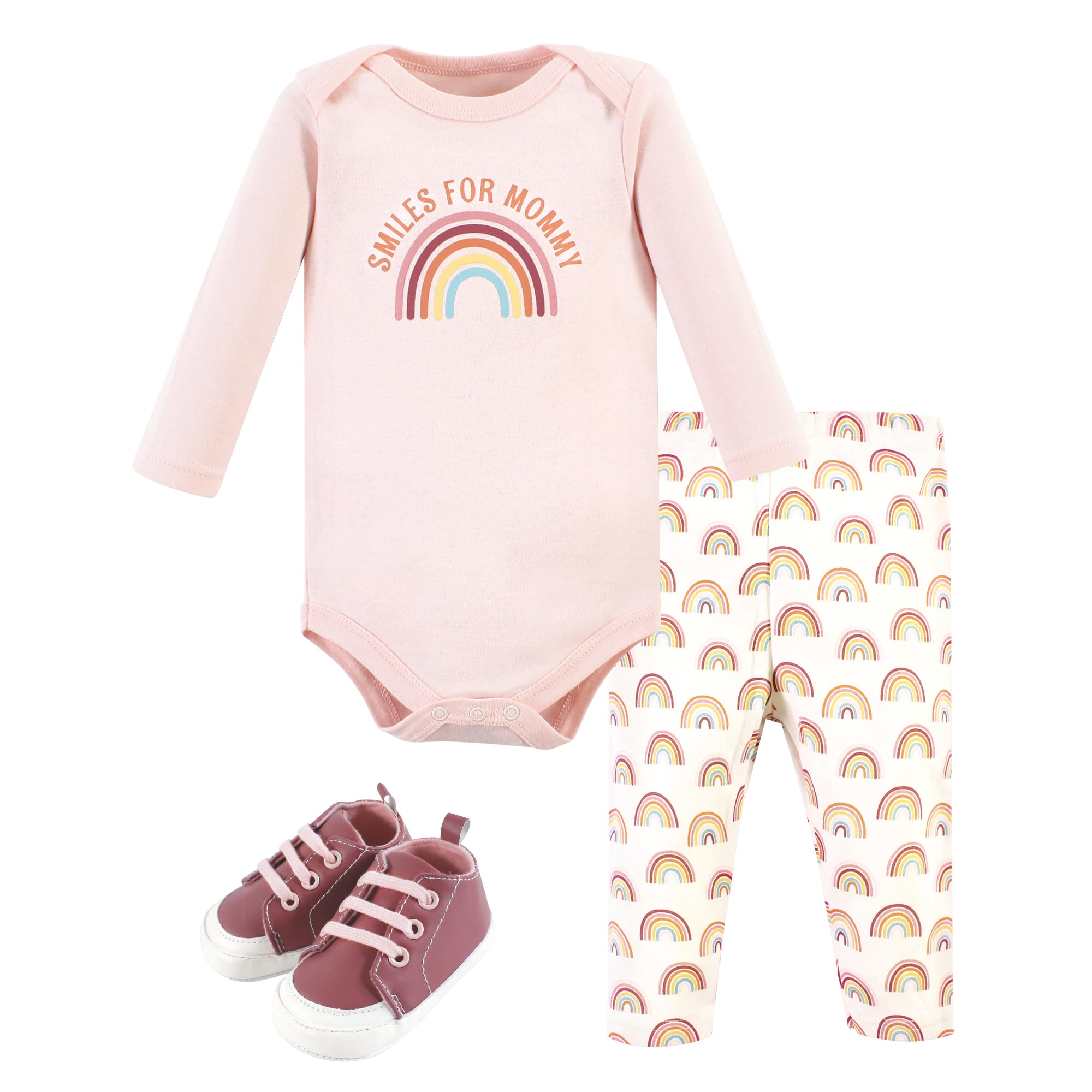 Hudson Baby Unisex Cotton Bodysuit, Pants & Shoe Set - Sunshine Rainbows Print - 12-18 Months | Soft Outfit for Infants & Toddlers | Perfect for Playdates, Photo Shoots & Everyday Wear
