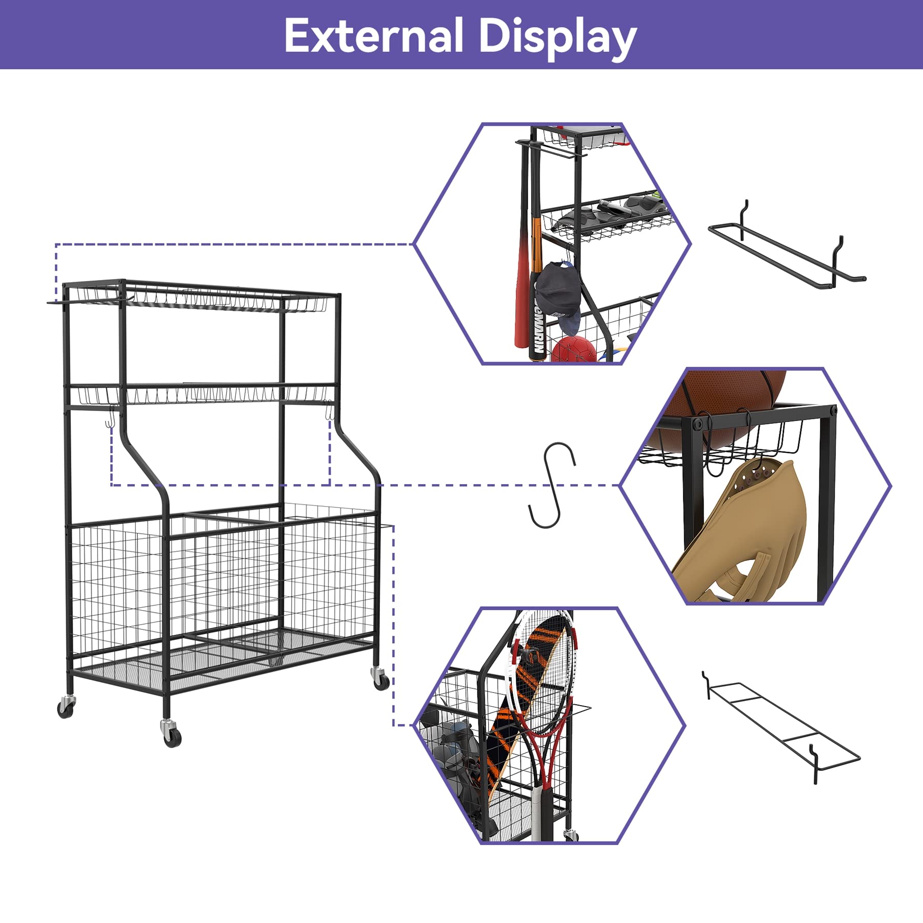 Garage Ball & Sports Equipment Organizer - Heavy Duty Rolling Ball Cart with Storage Baskets for Indoor/Outdoor Use - Perfect for Kids' Toys, Basketballs, Soccer Balls & Playroom Organization