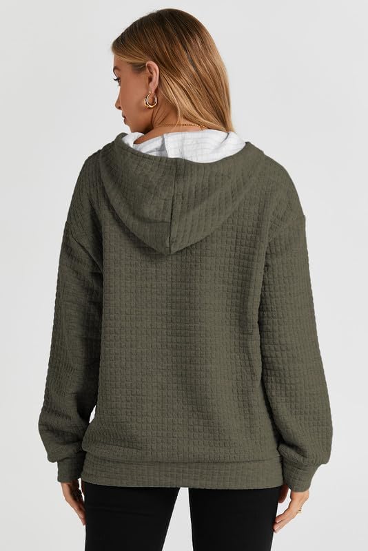 SHEWIN Women's Casual Long Sleeve Waffle Pullover Hoodie with Drawstring & Pocket - Loose Fit Hooded Sweatshirt for Everyday Wear, Lounge & Outdoor Activities