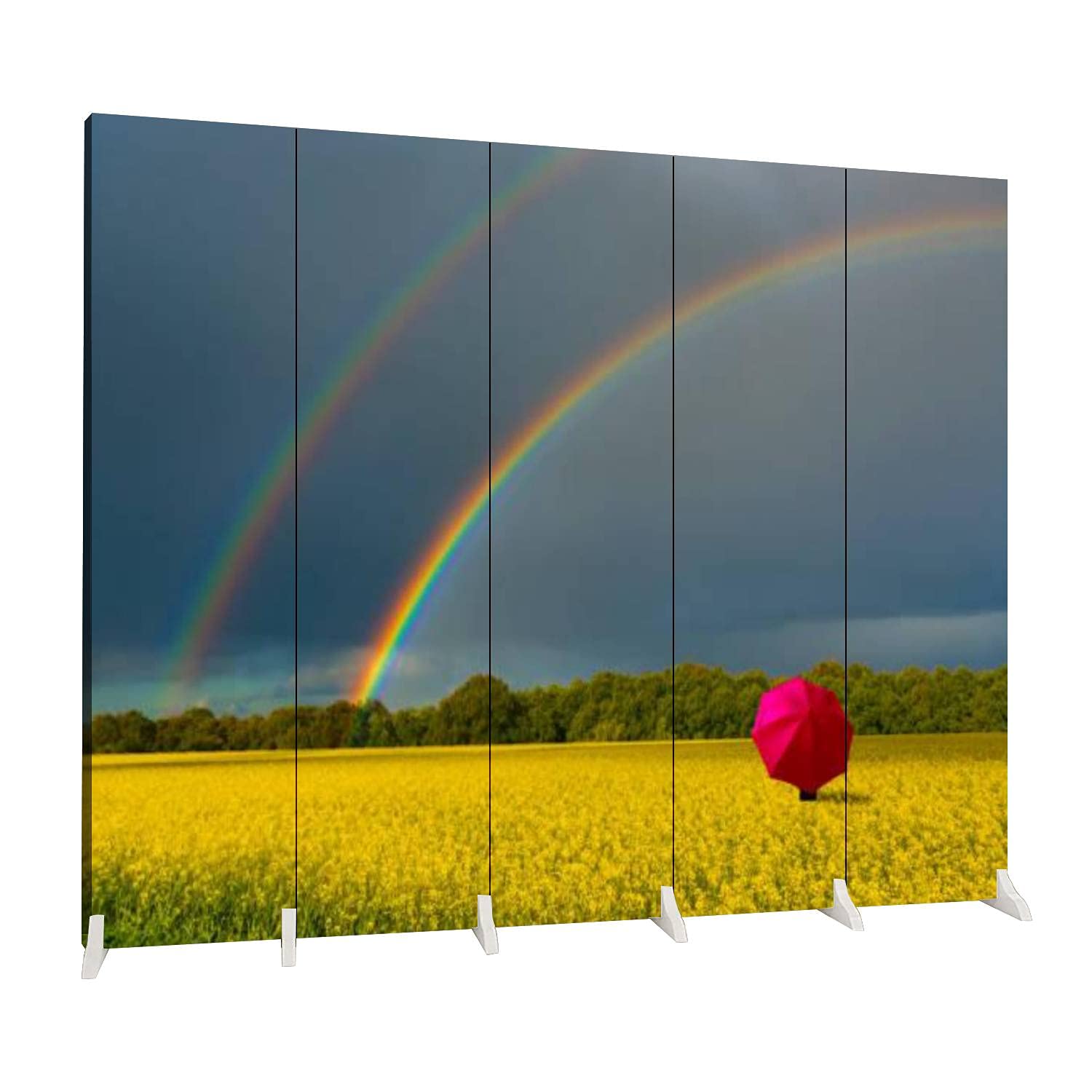 Dola-Dola 5 Panel Folding Room Divider - Canvas Privacy Screen with Rape Flower & Thunderstorm Design | Freestanding Indoor Partition for Home, Office & Studio | Perfect for Creating Private Spaces, Room Separation & Decoration