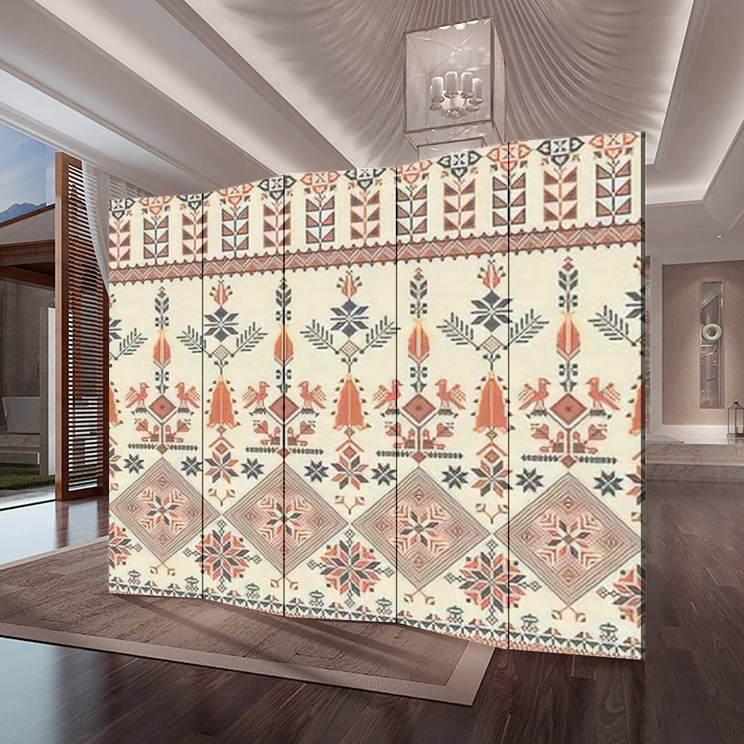 5 Panel Folding Room Divider with Traditional Palestinian Embroidery - Canvas Privacy Screen for Indoor Spaces | Perfect for Home Office, Bedroom Partition & Event Decoration