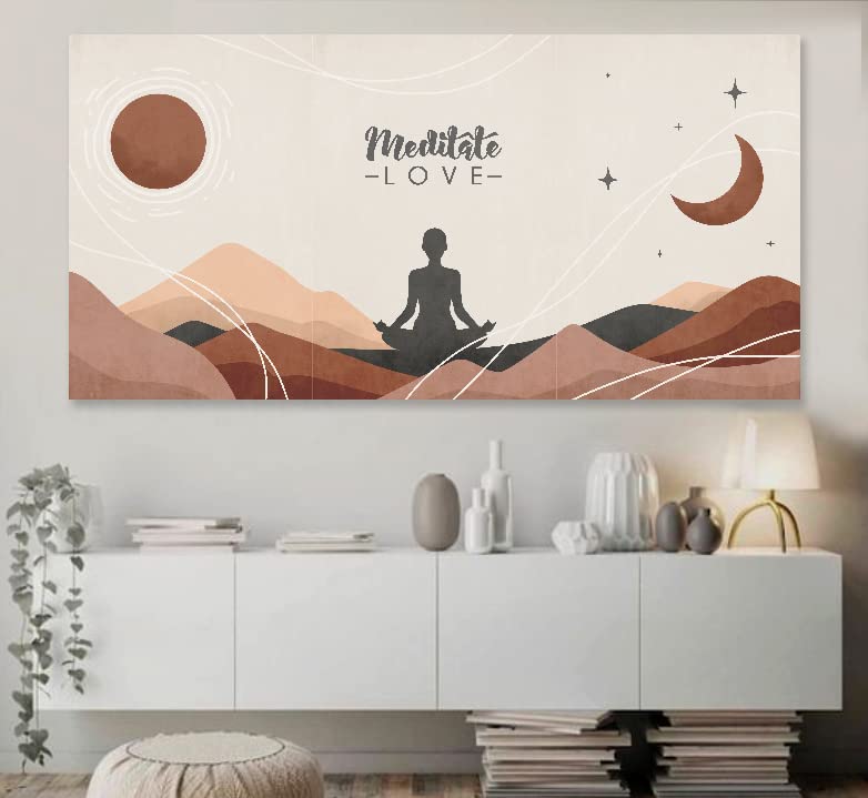 Mountain Nature Wall Art Painting - Framed Abstract Geometric Boho Decor for Living Room, Bedroom | Sun, Moon, Leaves & Mandala Design | 60x27 Inches | Perfect for Home, Office & Meditation Spaces