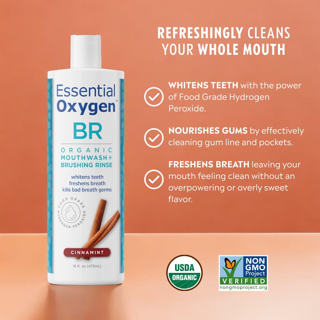 Essential Oxygen BR Certified Organic Brushing Rinse - Natural Alcohol-Free Mouthwash for Whiter Teeth & Fresh Breath | Cinnamint Flavor | 2-Pack (16 Oz Each) | Ideal for Daily Oral Care & Gum Health