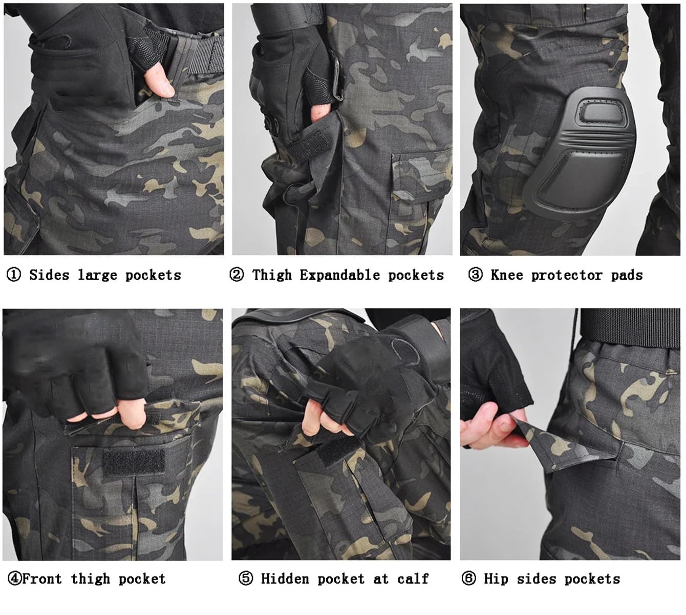 Black Tactical Shirt and Pants Set with Knee Pads - Military Work Uniform for Hunting, Airsoft & Outdoor Activities | Durable Tactical Gear for Professionals