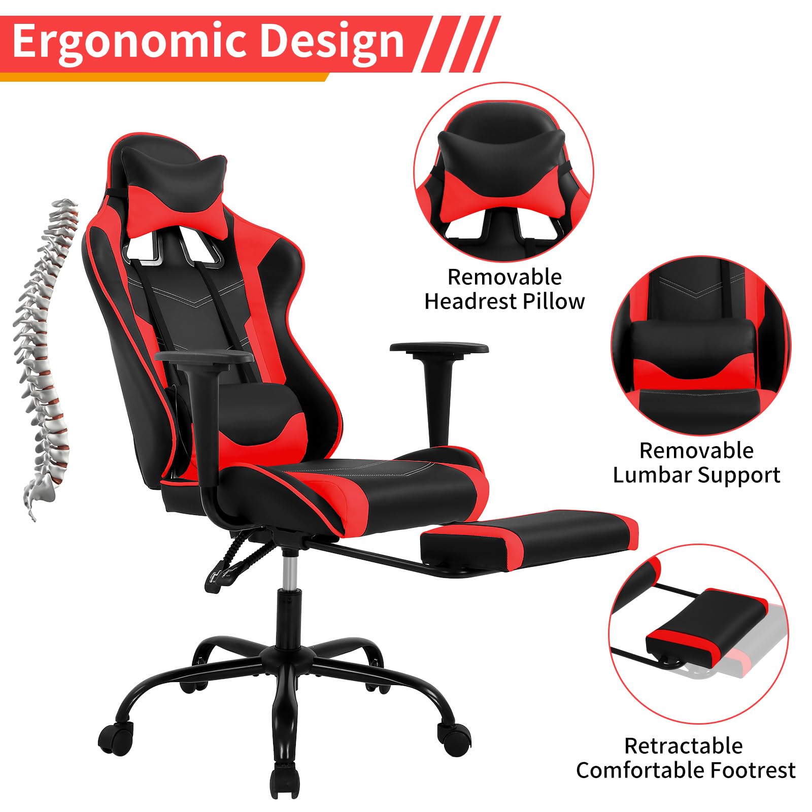 BLKMTY Ergonomic Gaming Chair - High Back PU Leather Office Chair with Adjustable Lumbar Support, Headrest & Footrest - Racing Style Computer Chair for Home & Work - Perfect for Gamers, Streaming & Long Work Sessions (Red)