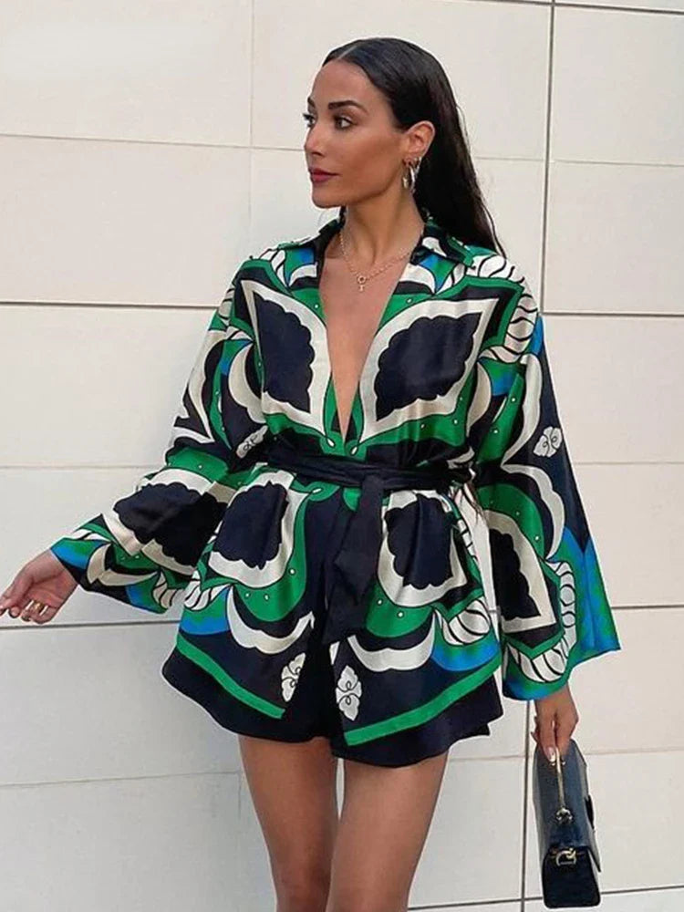 Foridol Oversized Green Print Boho Women's Shorts Set - Matching Shirt, Shorts & Pants 3-Piece Outfit for Summer | Casual Beachwear, Vacation Outfits & Boho Fashion Style