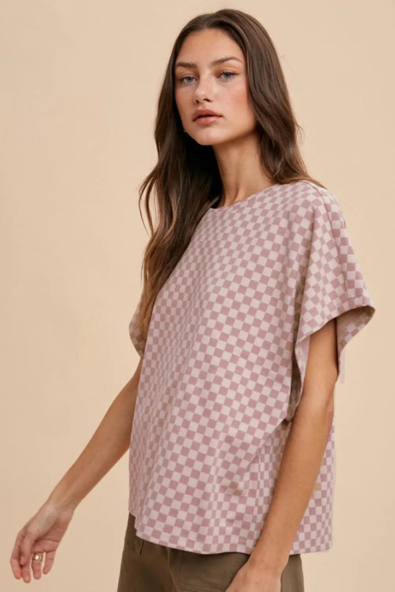 Annie Wear Women's Checkered Round Neck Short Sleeve T-Shirt - Casual Summer Top for Outfits, Streetwear & Everyday Wear