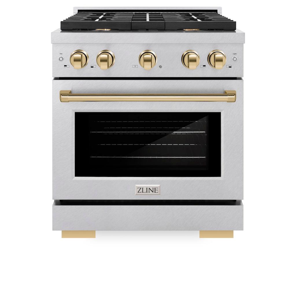 ZLINE Autograph Edition 30-inch 4.2 cu. ft. Paramount Gas Range with 4 Burner Cooktop & Convection Gas Oven - Satin Stainless Steel with Polished Gold Accents (SGRSZ 30 G) | Professional Kitchen Appliance for Home Chefs & Cooking Enthusiasts
