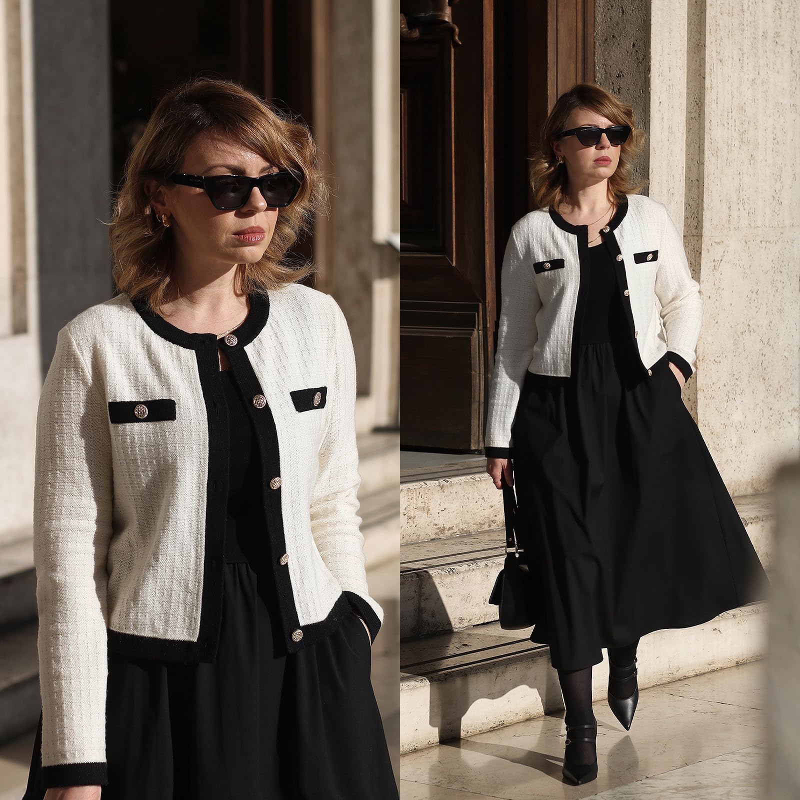 Women's 2-Piece Sweater Knit Outfit Set - Long Sleeve Cropped Cardigan & Dress with Pockets | Spring Casual Wear, Office Outfits & Date Night Looks