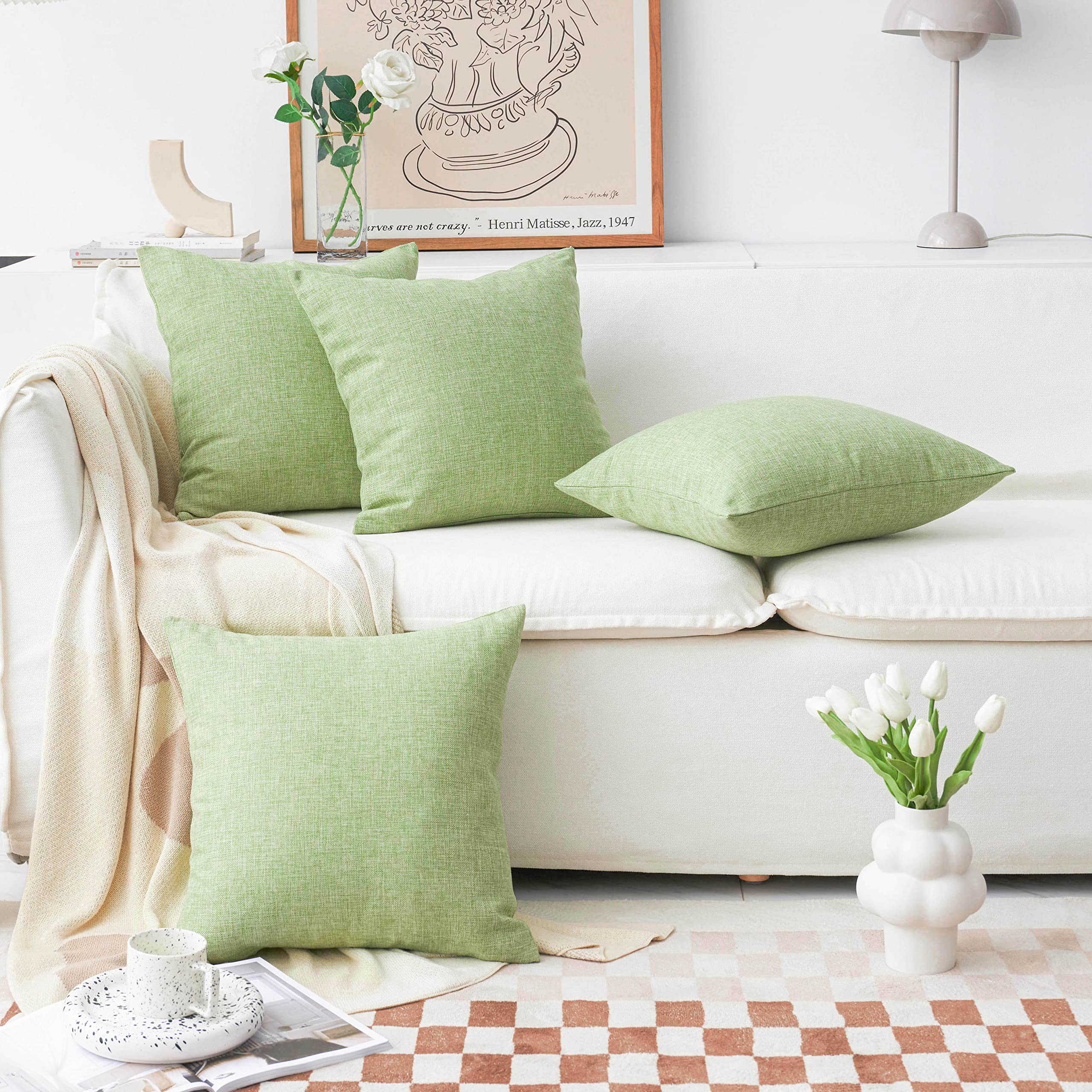Linen Textured Decorative Pillow Covers 18x18 Inches - Set of 4 Sage Green Burlap Sofa Cushion Slipcovers for Living Room, Bed & Couch - Spring Home Decor for Cozy Indoor Spaces