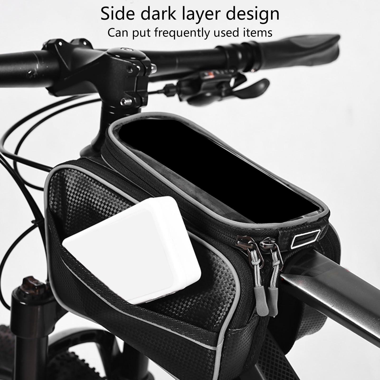 **Mountain Bike Front Frame Bag - Large Capacity Top Tube Pouch Pannier with Touch Screen Phone Holder - Perfect for Cycling, Commuting & Outdoor Adventures**