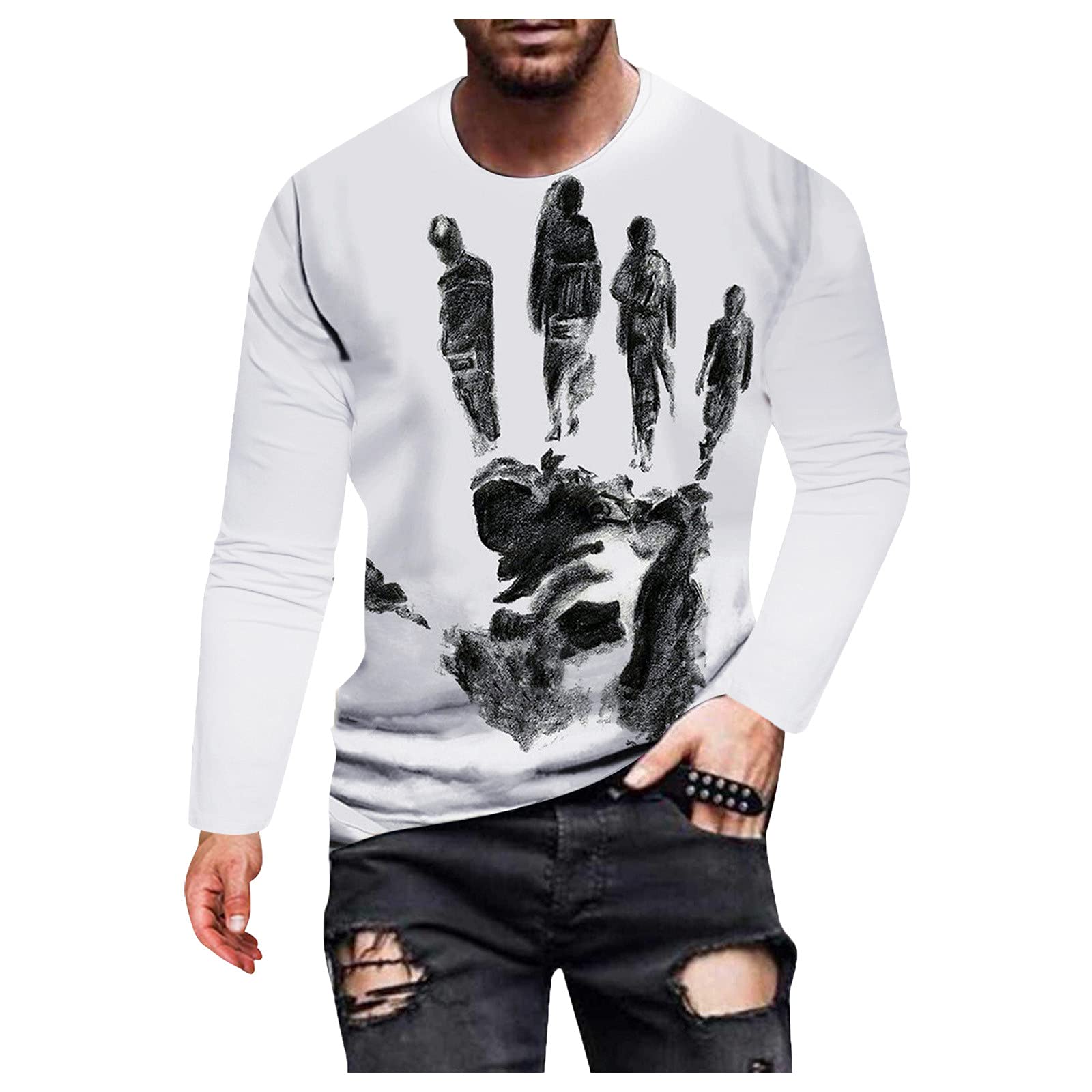 WOCACHI Men's Long Sleeve Graphic T-Shirt - Fall Streetwear Abstract Print Athletic Round Neck Casual Tee Top | Perfect for Street Style, Autumn Outfits & Casual Wear
