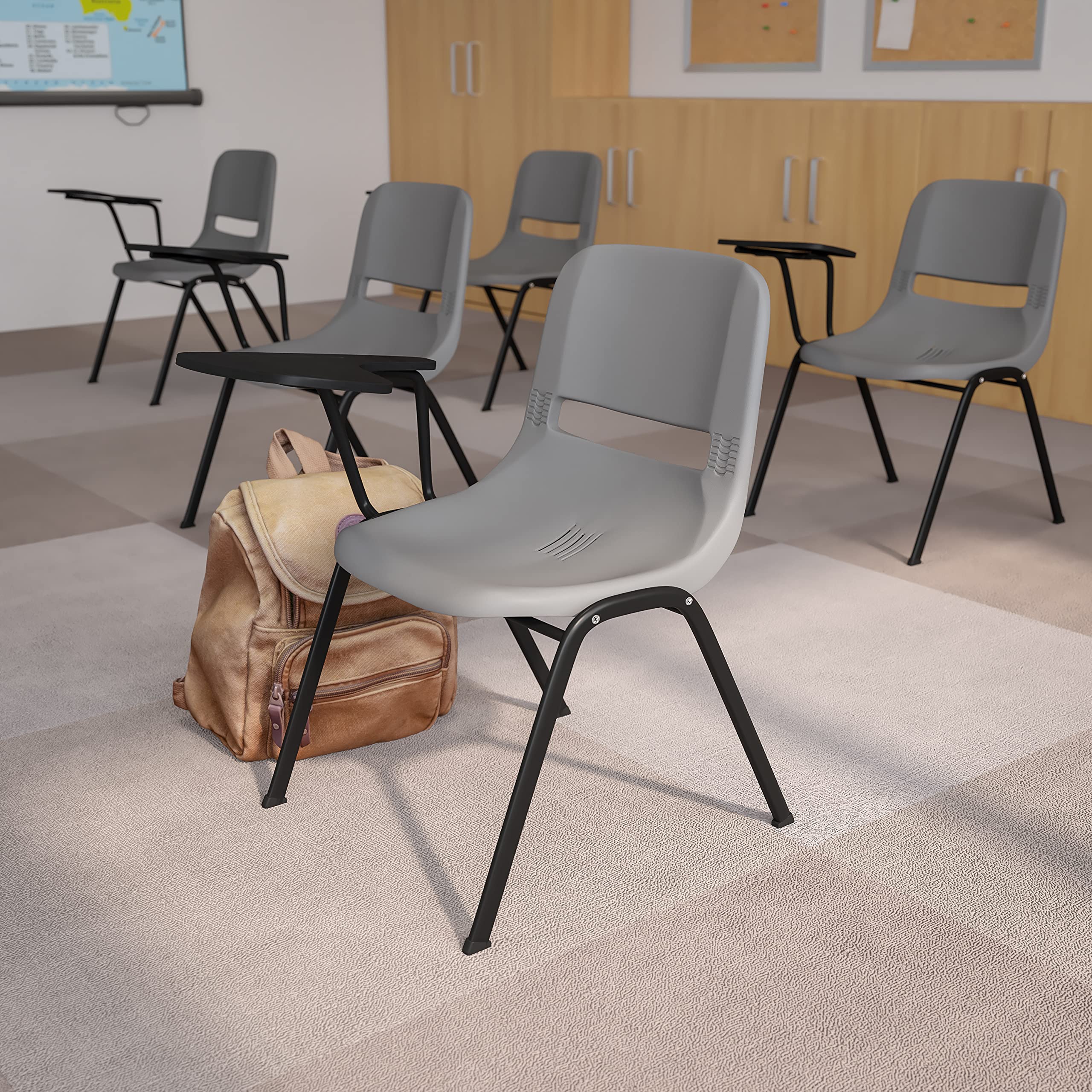 EMMA + OLIVER Gray Ergonomic Office Chair with Flip-Up Tablet Arm - Left-Handed Adjustable Desk Chair for Home & Office Workspaces - Perfect for Conference Rooms, Study Areas and Remote Workstations