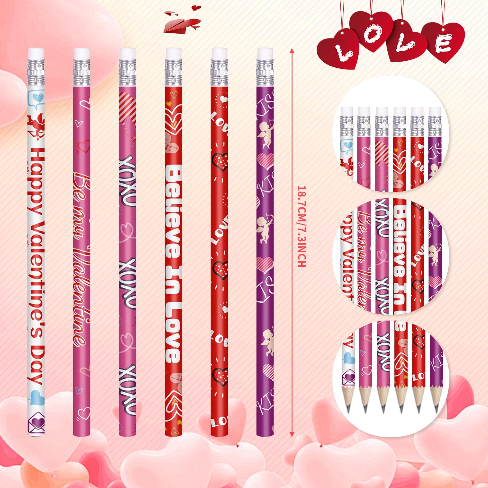 Valentine's Day Pencils Bulk - 24 Pack with Erasers, 6 Cute Styles for Teachers & Students | Perfect for Classroom Gifts, Party Favors & School Supplies