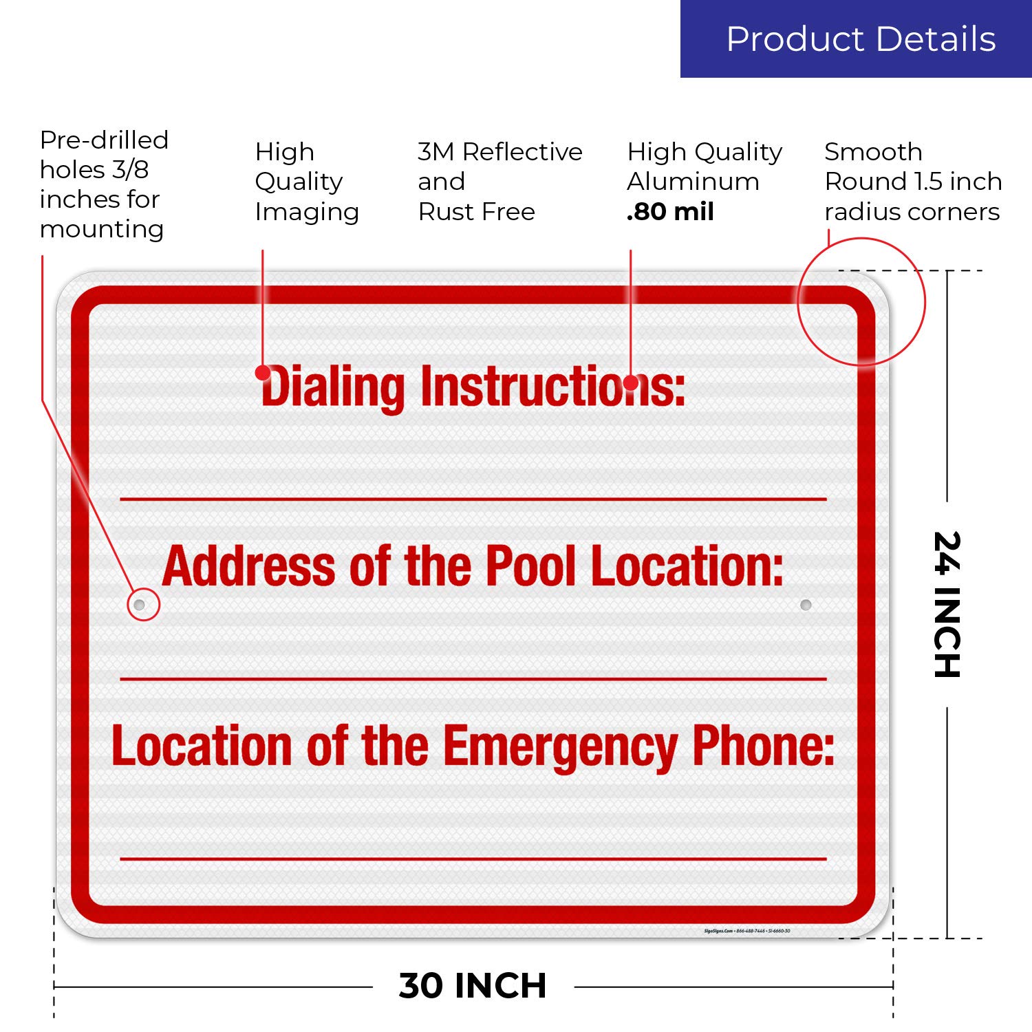 3M EGP Reflective Pool Location Sign - 24x30 Inches, .080 Aluminum, Fade Resistant for Indoor & Outdoor Use | Durable Dialing Instructions Address Sign for Swimming Pools | Made in USA | Perfect for Community Pools, Water Parks & Backyard Safety