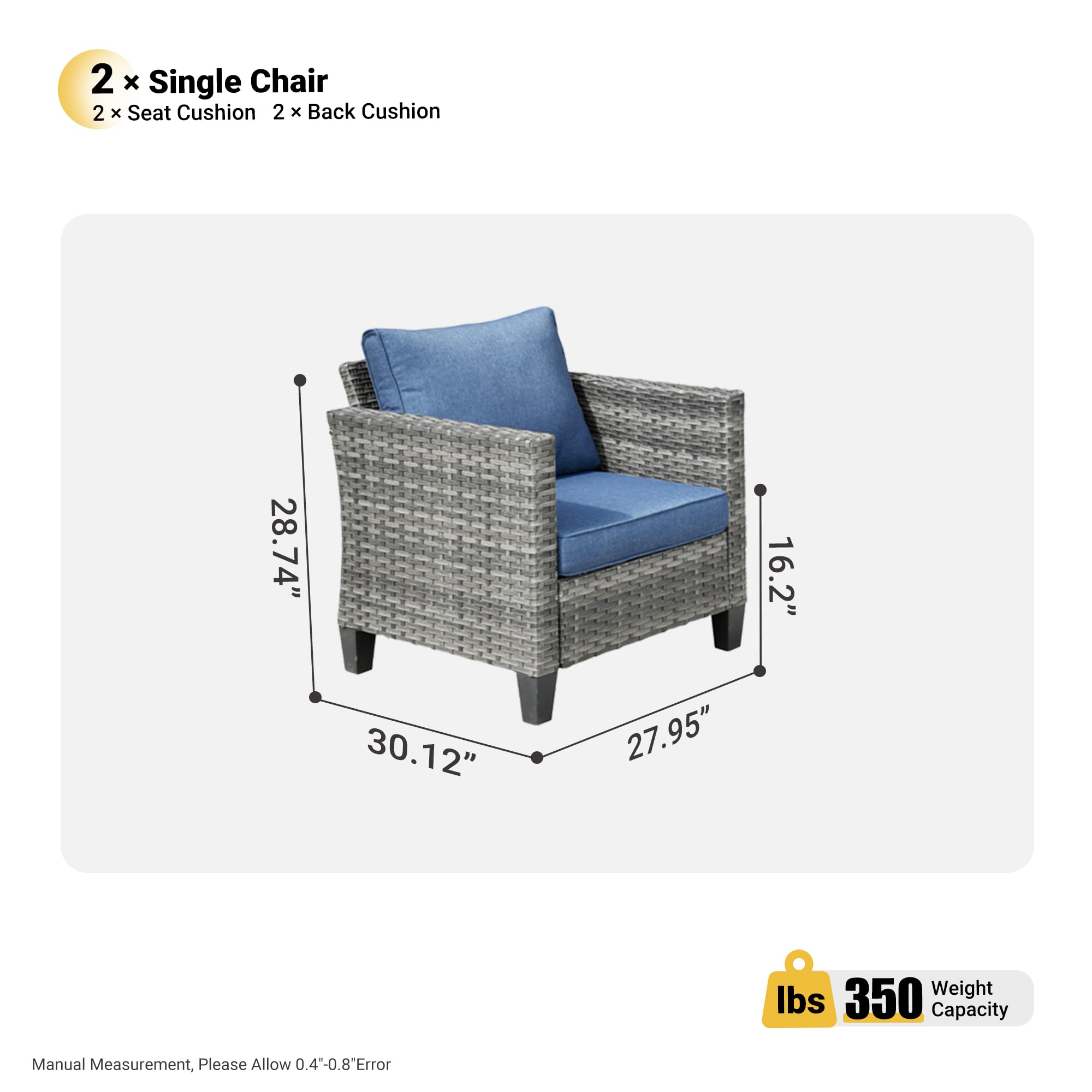 2-Piece Patio Chair Set - All-Weather Wicker Rattan Outdoor Chairs with Comfortable Cushions - High Back Porch Chairs for Balcony, Deck, Garden - Denim Blue - Perfect for Relaxing, Entertaining & Outdoor Dining