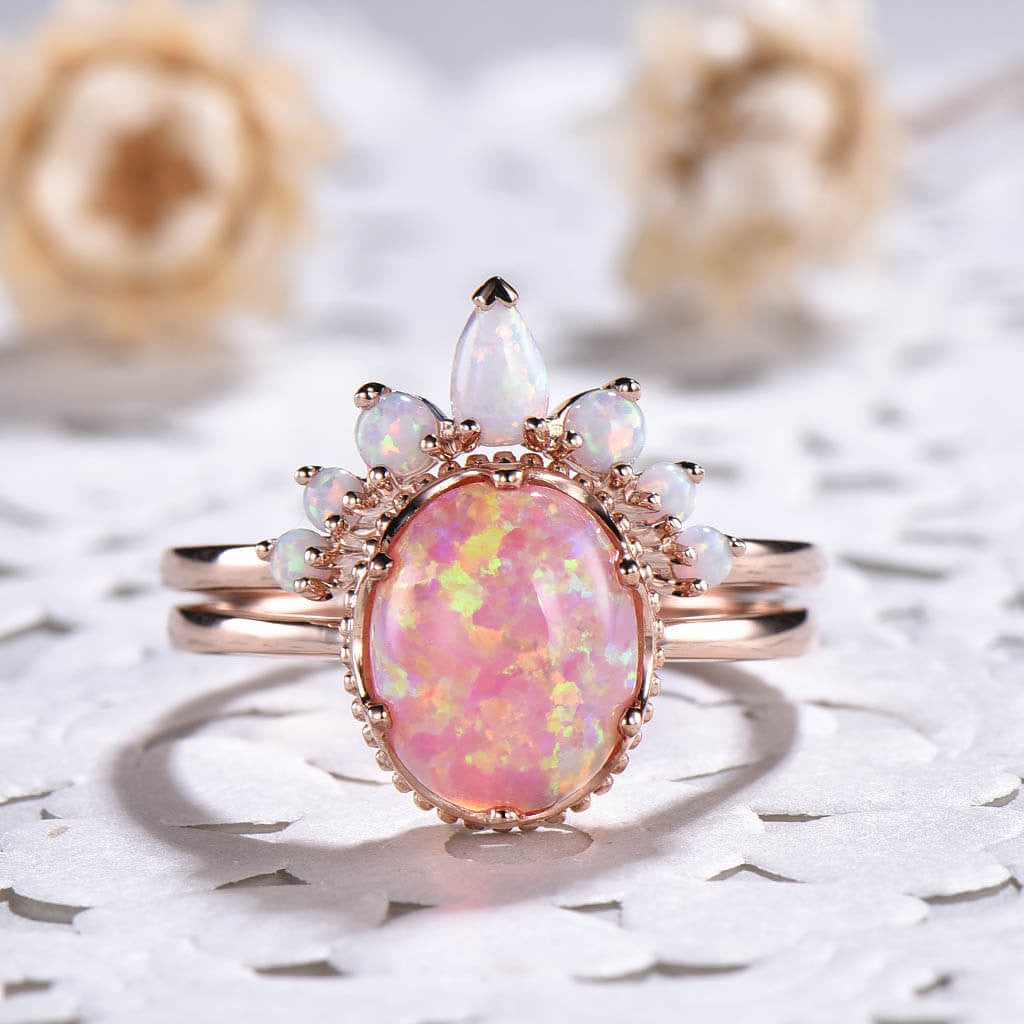 Vintage Opal Wedding Ring Set - Oval Pink Fire Opal Engagement Ring for Women - Perfect for Bridal, Anniversary & Special Occasion Gifts