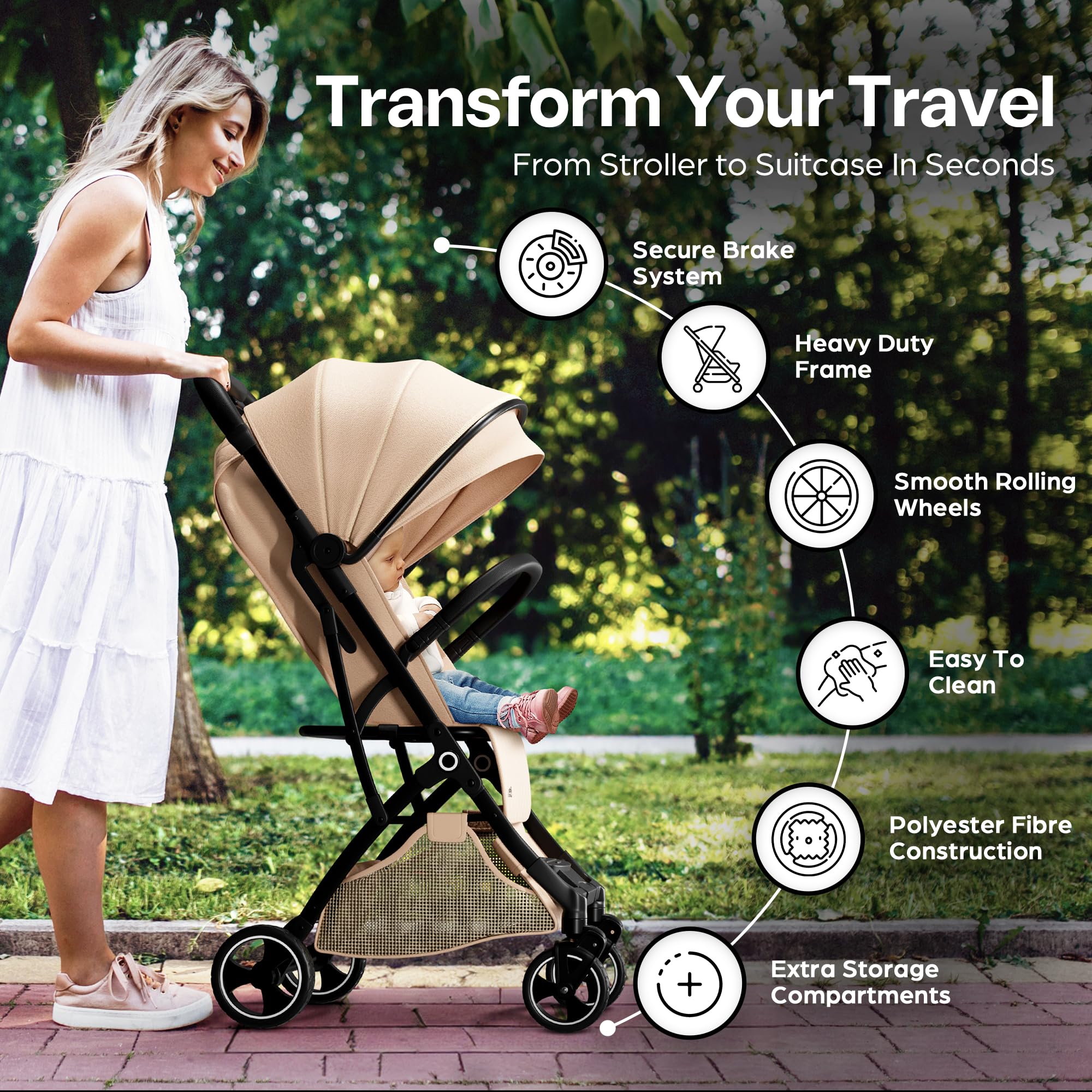 Lightweight Compact Travel Stroller for Airplanes - Foldable Baby Stroller with Convertible Changing Mat & Safety Brake | Perfect Carry-On Stroller for Newborns to Toddlers | Ideal for Air Travel, Shopping & Daily Outings