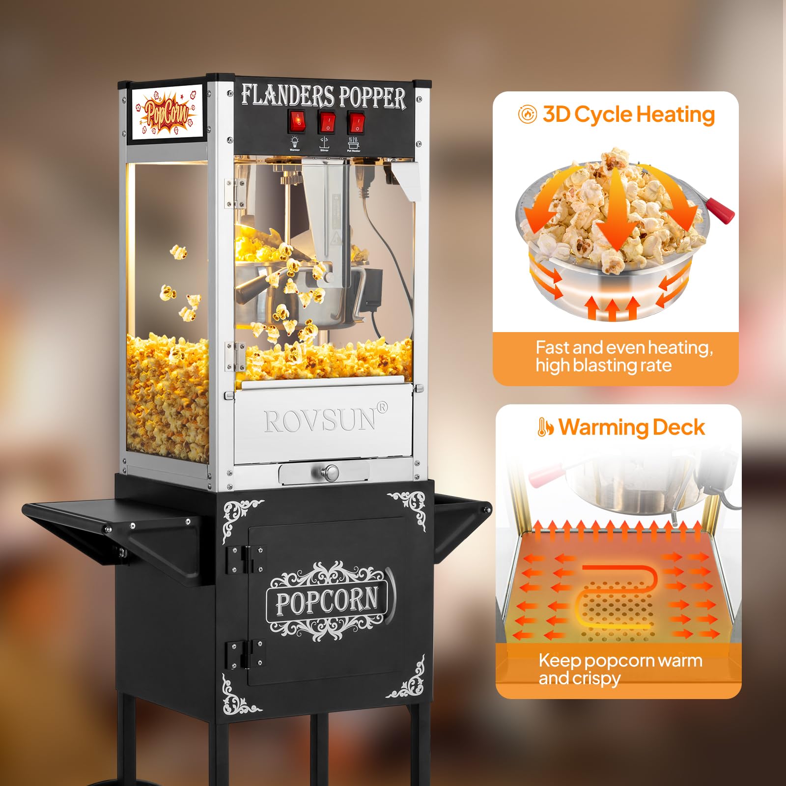 ROVSUN Commercial Popcorn Machine with Cart - 8 Oz Kettle Makes 32 Cups, Includes Wheels, Stainless Steel Scoop, Oil Spoon & 3 Popcorn Cups - Perfect for Home Theater, Movie Nights, Parties & Events (Black)