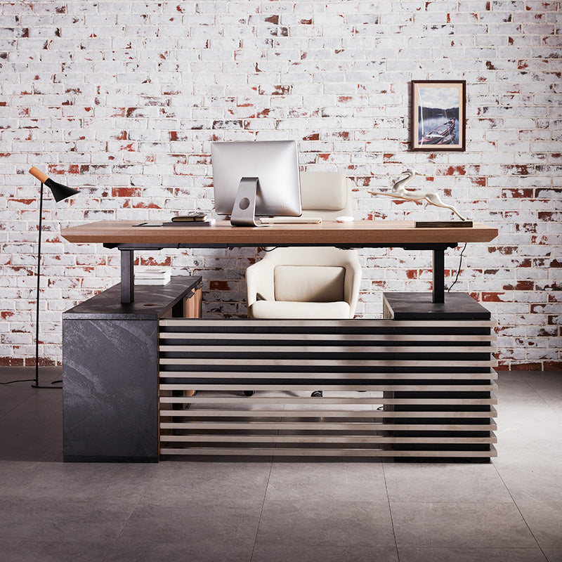 Premium Electric Sit Stand Desk with Right Return - 2.2M Warm Oak & Black Finish | Adjustable Height Home Office Desk for Ergonomics & Productivity | Perfect for Remote Work, Gaming & Study Spaces