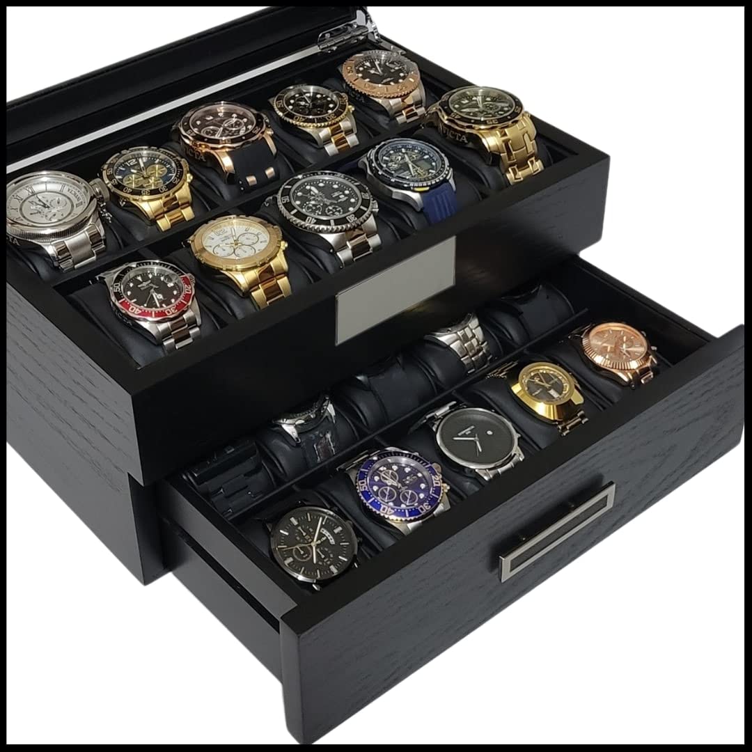 Premium 20-Slot Ebony Wood Watch Display Case with Glass Top - 2-Tier Jewelry Organizer with Stainless Steel Accents & 2 Drawers - Perfect for Watch Collectors, Jewelry Storage & Retail Store Displays