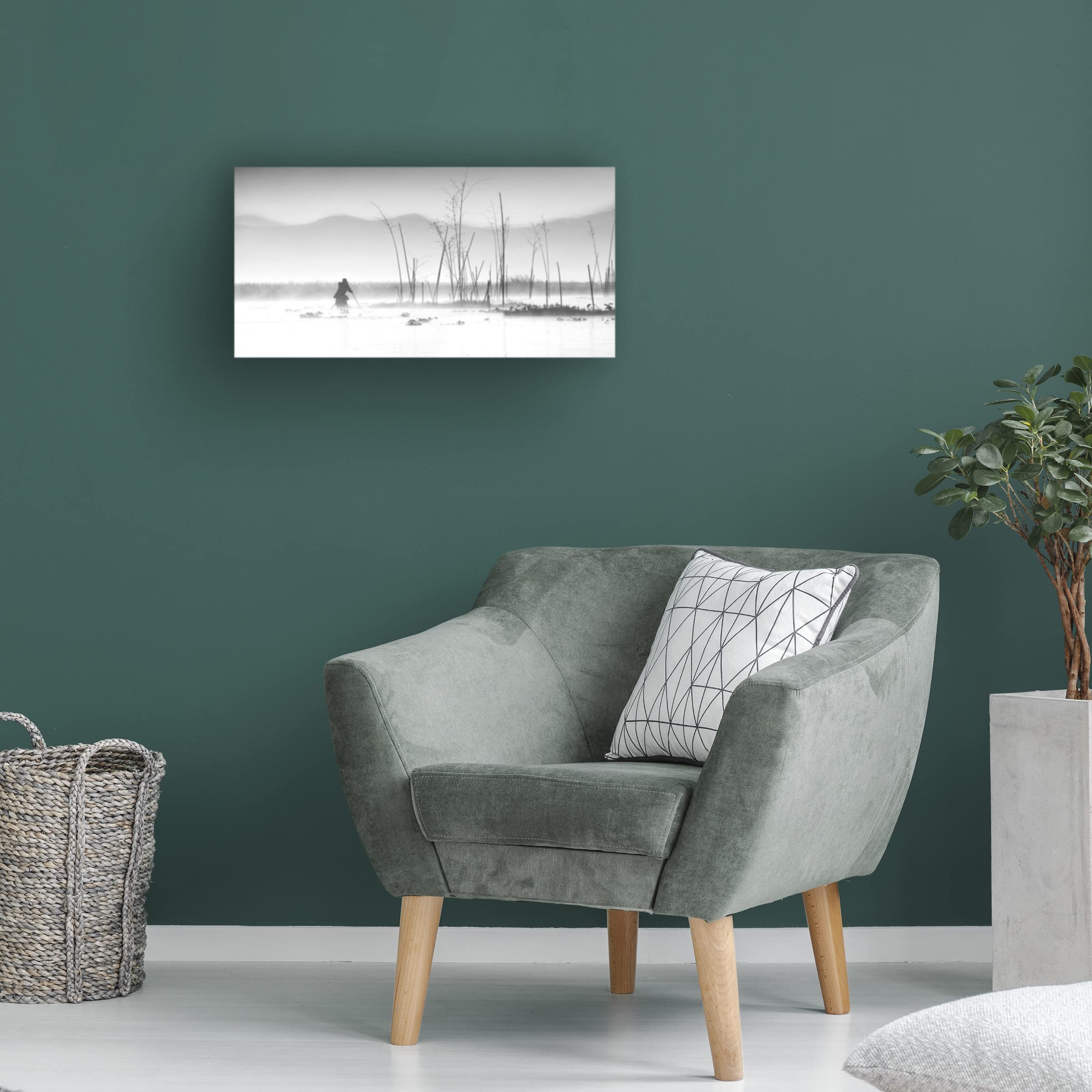 Joe B N 'Fishing In A Misty Morning' Canvas Wall Art Print - Landscape Nature Painting for Living Room, Bedroom & Office Decor