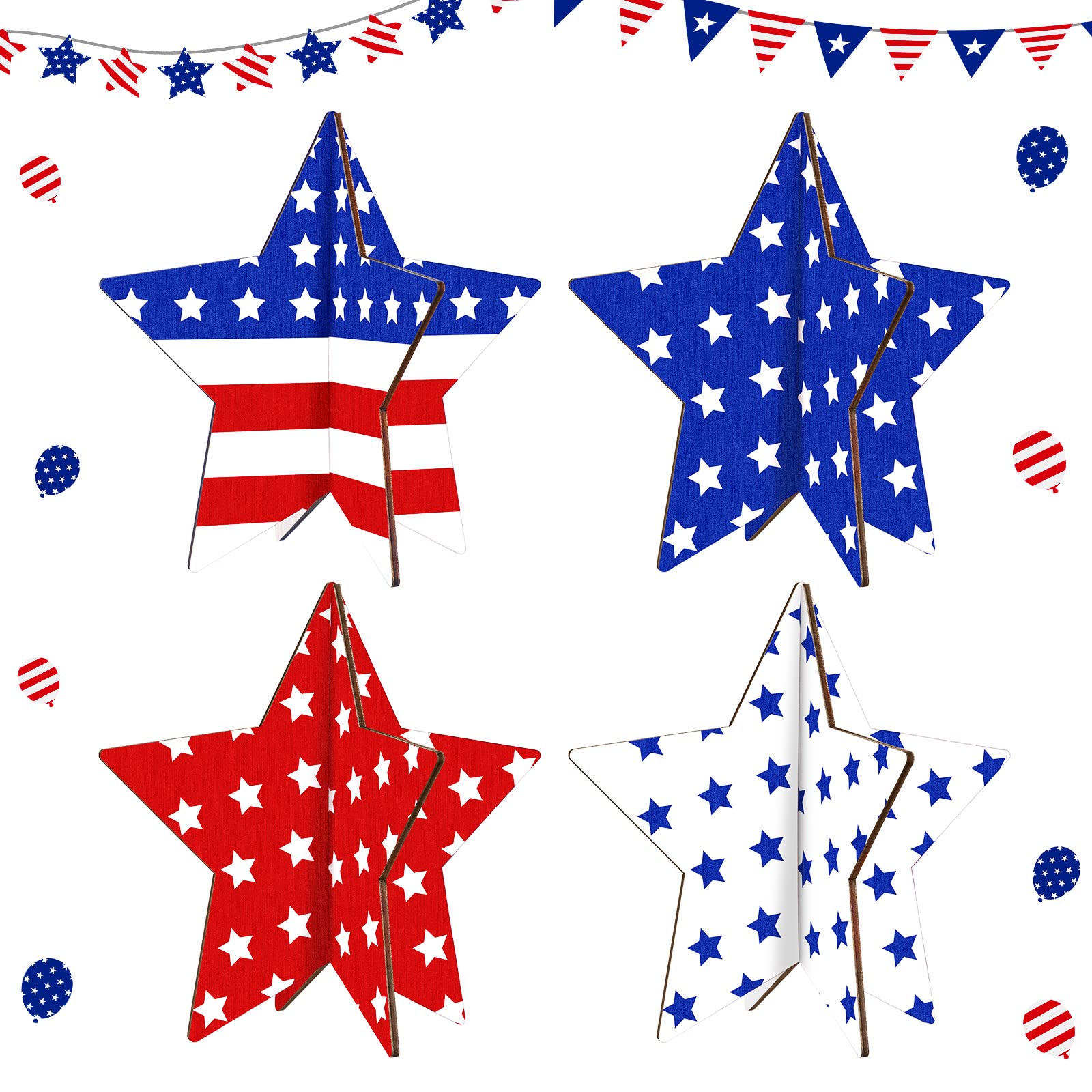 Bucherry 4 Sets Patriotic Wooden Stars Signs - Red White Blue Memorial Day & 4th of July Tiered Tray Decor | 3D Independence Day Table Centerpieces for Home, Living Room & Dining Room Decorations | Perfect for Holiday Parties & Patriotic Celebrations