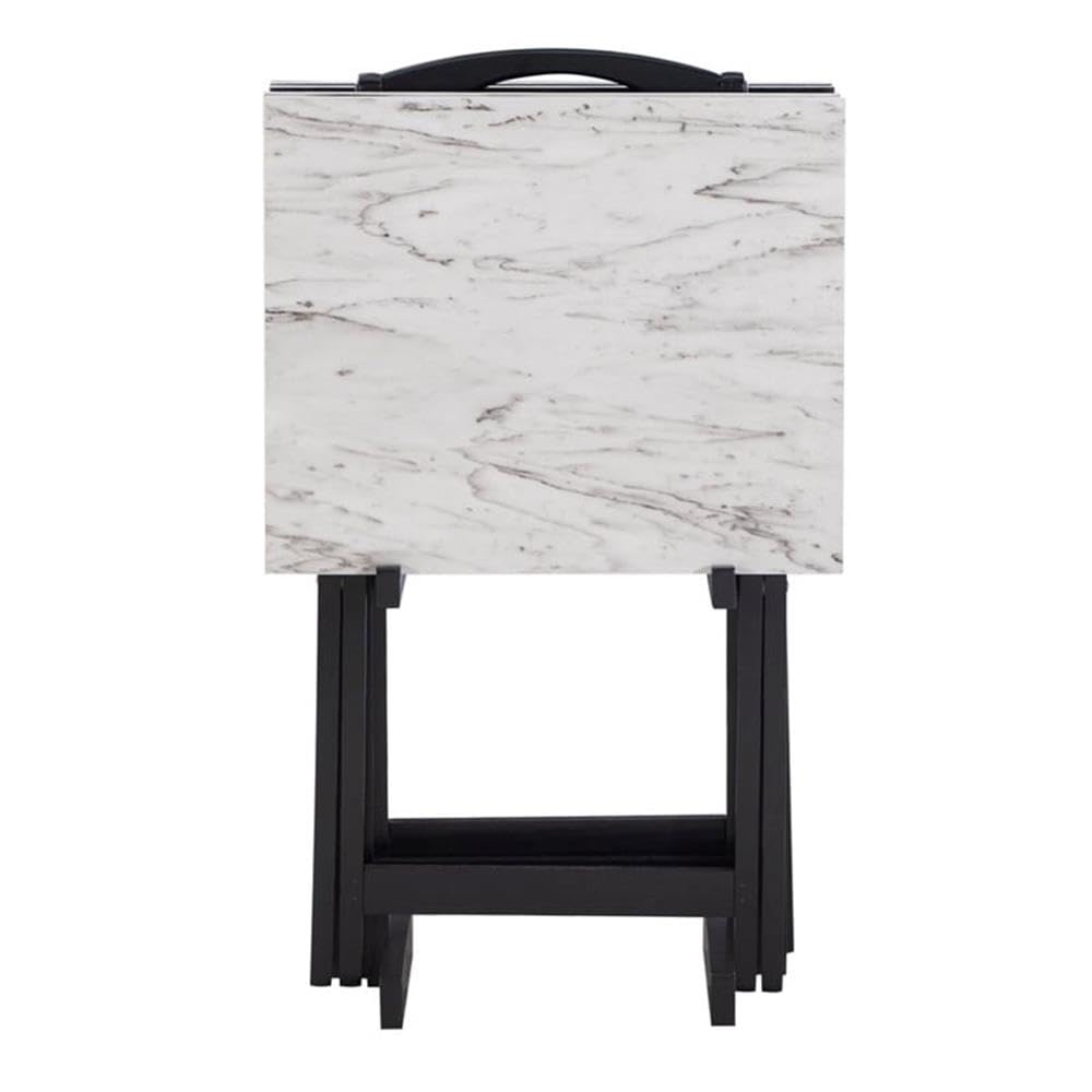 5-Piece Faux Marble & Wood Folding Tray Table Set with X-Legs & Storage Stand - White & Black Finish - Perfect for Living Room, Bedroom & Small Space Decor